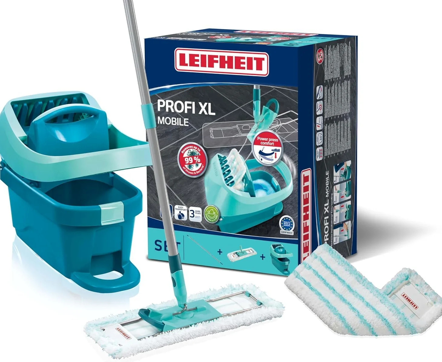 Leifheit Kit Profi XL Essore-housse avec Roulettes et Lave-Sol, housse de rechange incluse, seau et balais-serpillère simples à utiliser avec mécanisme d'essorage intégré