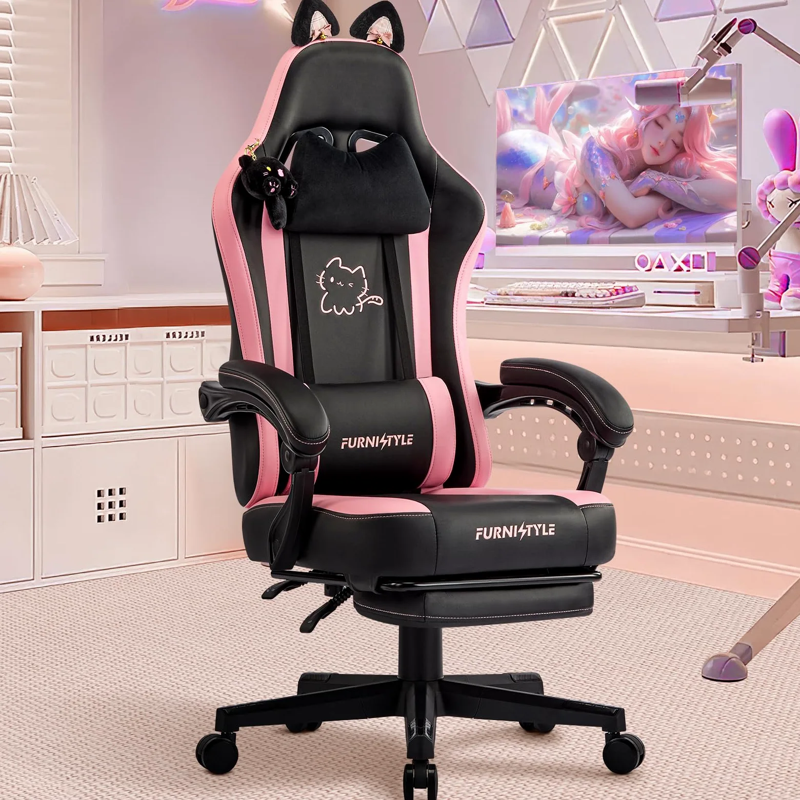 Hellove Chaise Gaming Ergonomique, Fauteuil Gamer avec Repose-Pieds Rétractable, Coussin Lombaire et Oreilles de Chat, pour Filles, Adolescents, Enfants, Cuir PU, Noir et Rose