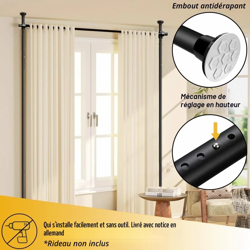 Tringle à Rideau pour Cadre de séparation de pièce 177 x 305 cm, écran réglable en flexibilité, cloison de séparation de pièce, Aucun perçage requis, pour Chambre ou Bureau (Noir)