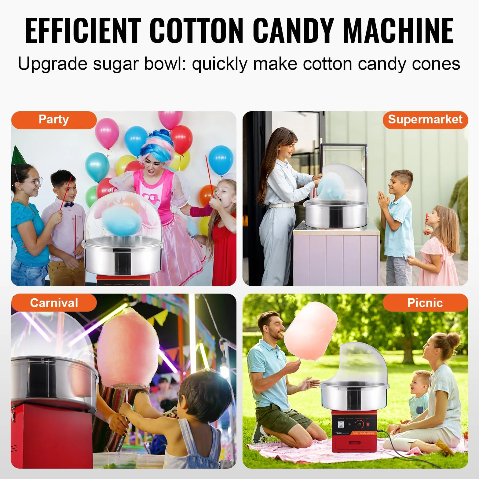 VEVOR Machine à Barbe à Papa Électrique 1000 W, Appareil à Barbe à Papa Commercial avec Couvercle Rouge, Bol en Acier Inoxydable, Cuillère à Sucre, Tiroir, pour Faire Bonbons Fête Anniversaire