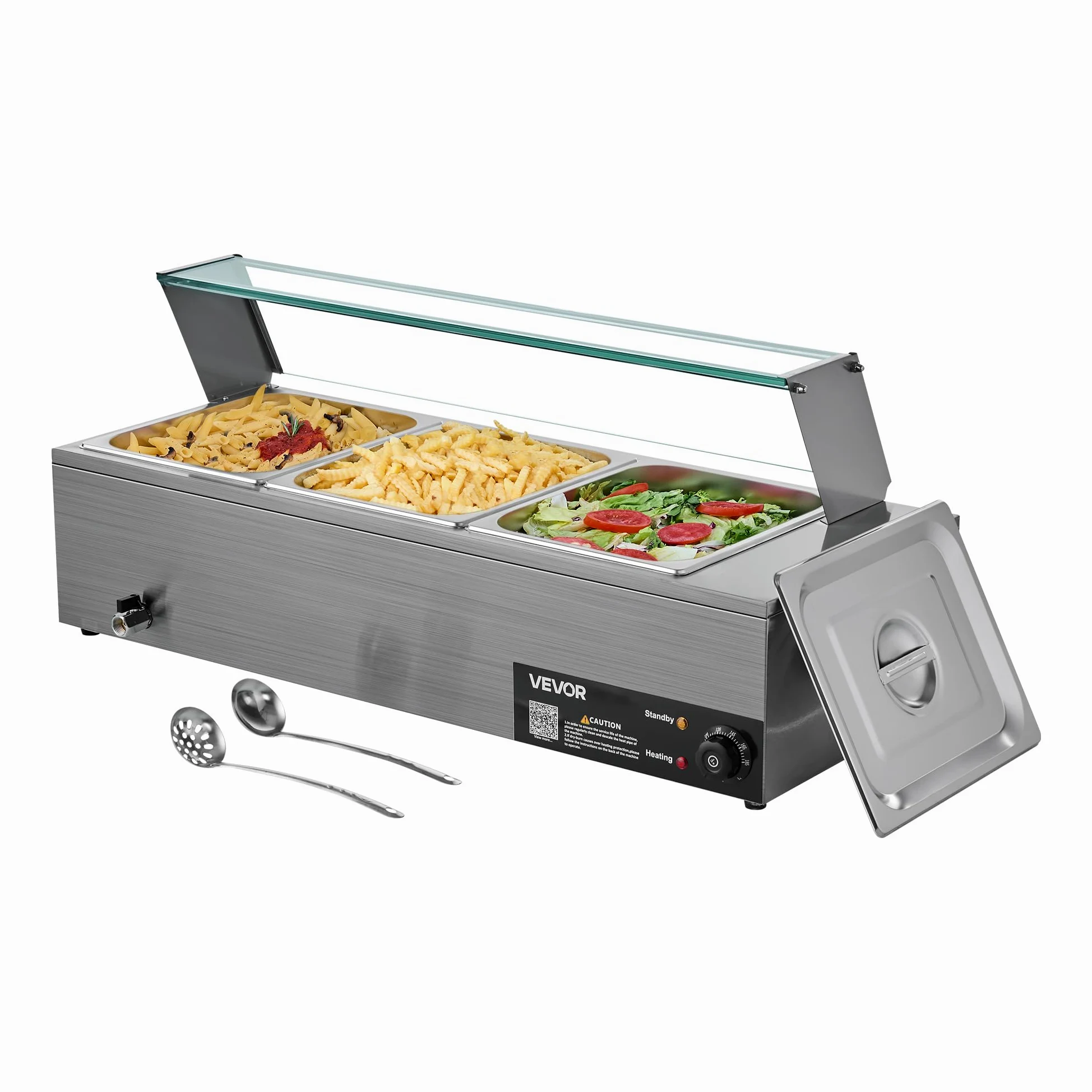 VEVOR Chauffe-Plat Électrique à Vapeur 1500 W, Buffet Chauffant en INOX, Bain-Marie avec 3 Bacs, Couvercle en Verre et Louches à Soupe et Perforées, pour Servir Buffet en Libre-Service Restauration