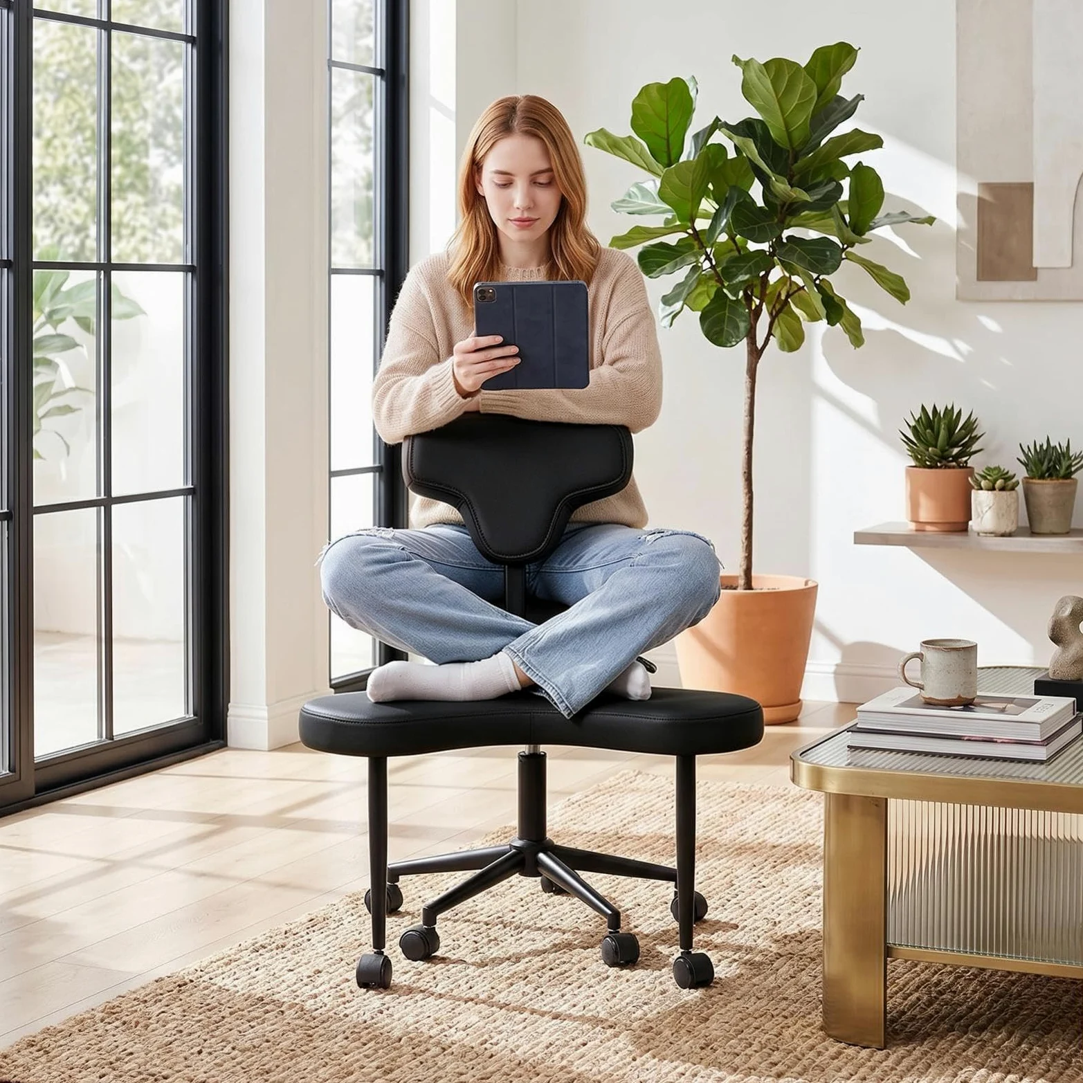 Générique Chaise de méditation, Chaise à Coffre croisée avec Roues TDAH, Table de avec Soutien Lombaire et Hauteur - Tabouret ajusté, Chaises de méditation Ergonomique pour Fidget Philipes - Noir