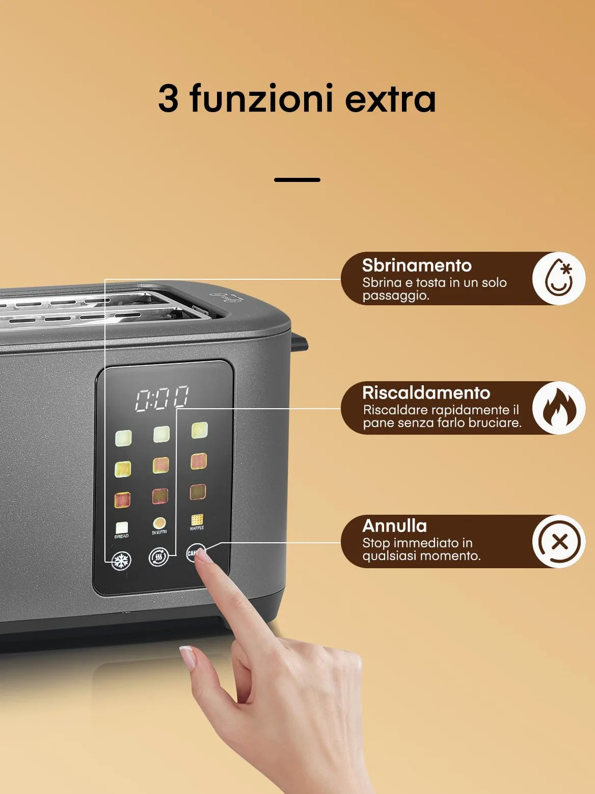 Grille Pain 4 Tranches, Longue Fente Toaster avec écran Tactile, 9 Niveaux de Dorage, 3 Types de Pain, Inox Grille Pain, Tiroir Ramasse Miettes Amovible, D'annulation/Décongélation/Réchauffage, Gris