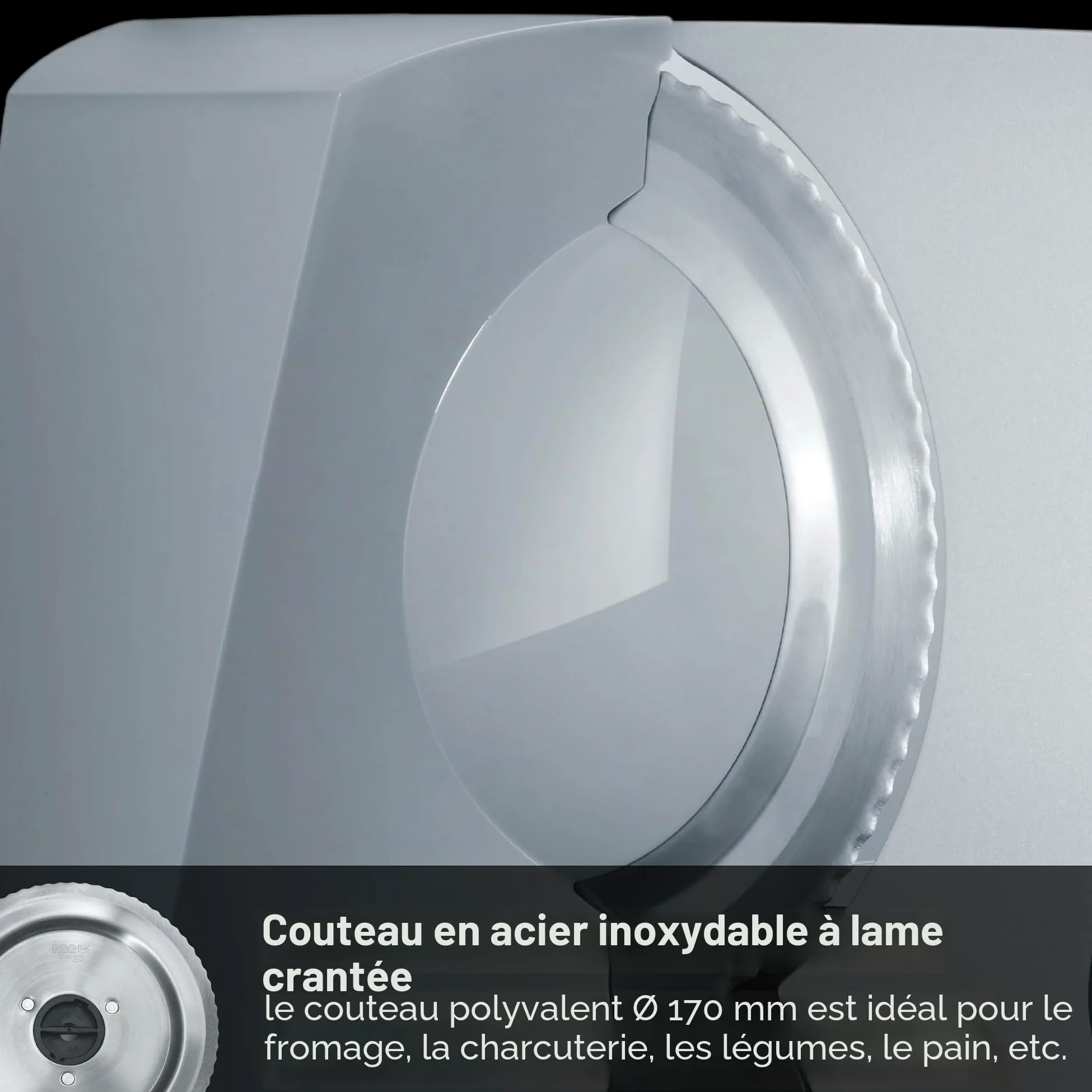 GRAEF G50 - Trancheuse universelle électrique, lame ondulée en acier inoxydable Ø 170 mm, épaisseur de coupe 0-20 mm, sécurité enfants