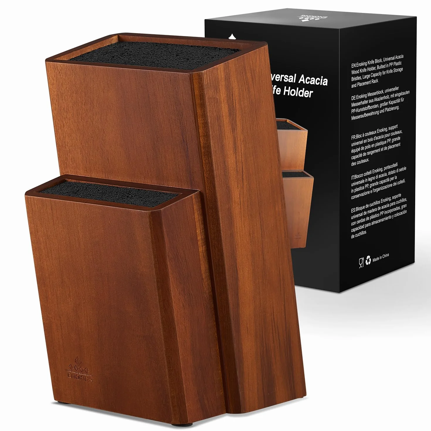 ENOKING Bloc Couteaux Cuisine, Porte Couteaux de Cuisine en Bois d'acacia, Range Couteaux de Cuisine avec poils en plastique Amovibles, Universel Support Couteau de Cuisine