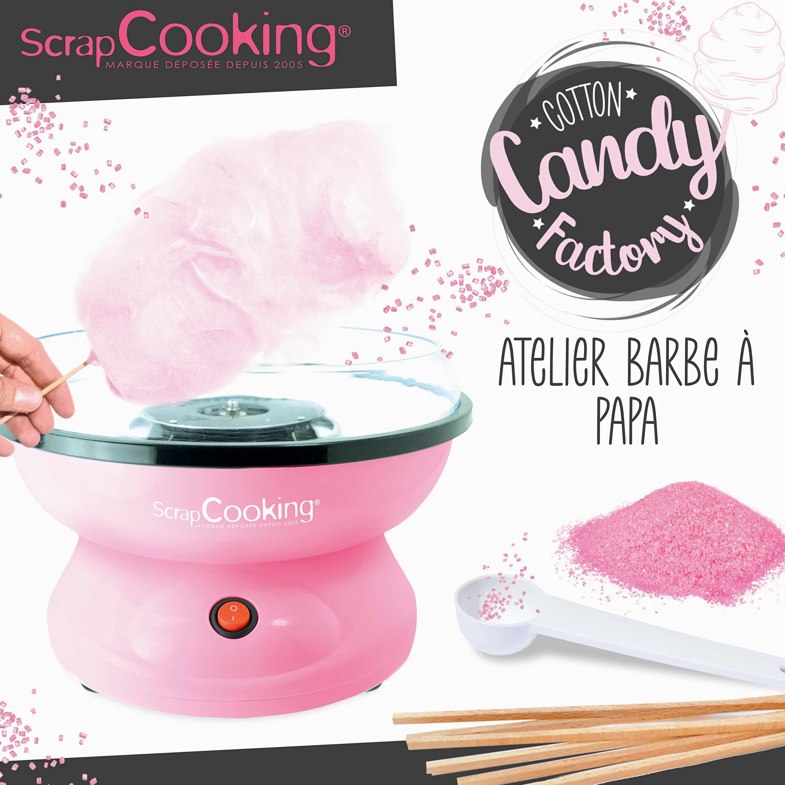 ScrapCooking - Machine Barbe à Papa - Kit Complet pour faire Barbes à Papa Maison : Avec Sucre, Bâtonnets & Cuillère Mesure - Atelier Barbe à Papa - Appareil Électrique Anniversaire - Rose - 3900