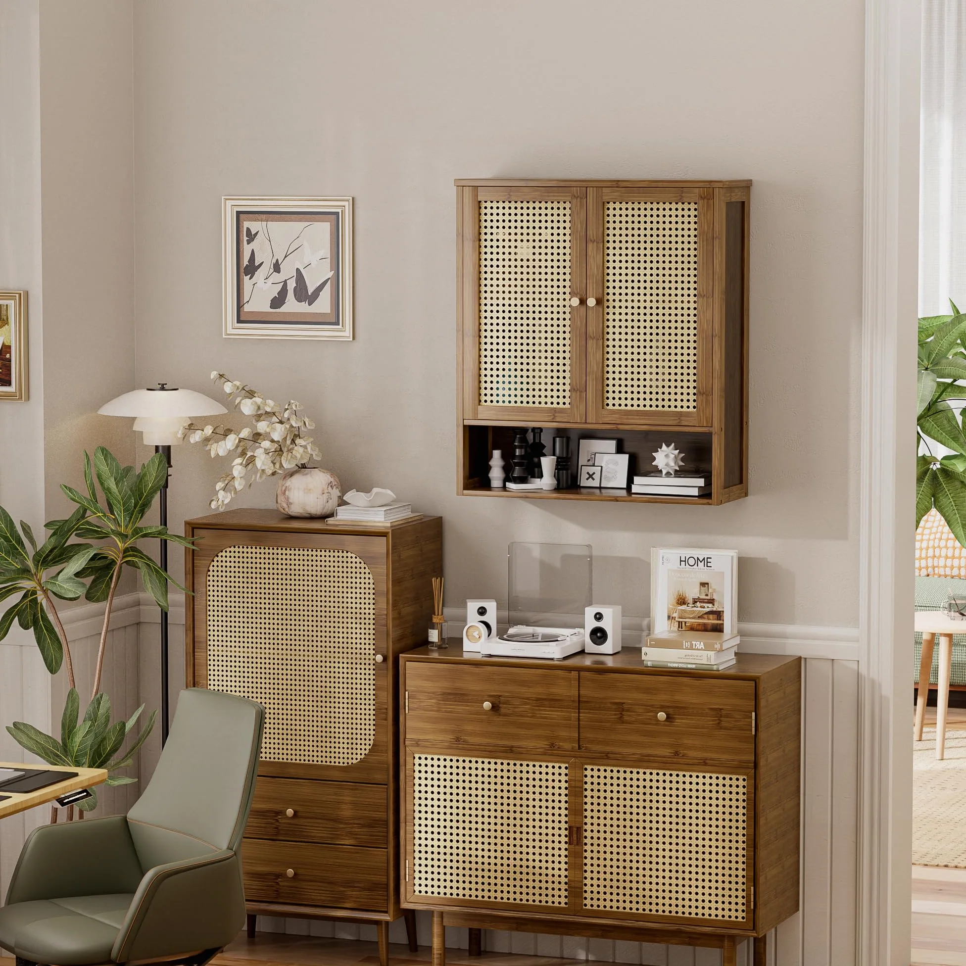 Armoire Murale de Salle de Bain en Bambou avec 2 Portes en rotin et étagère réglable, Armoire à Pharmacie économiseur d'espace pour Linge, Cuisine, Salon (Noyer)