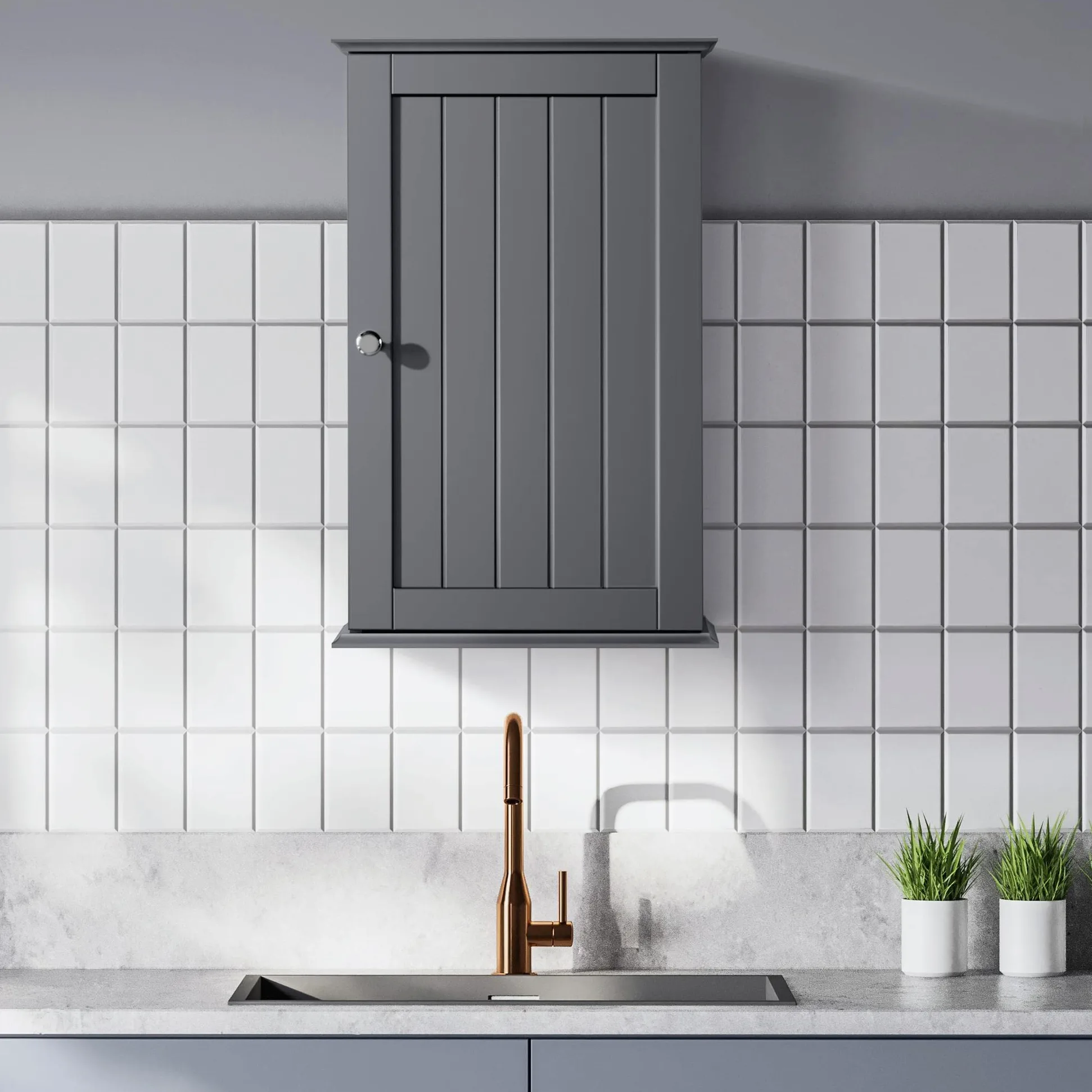 Yaheetech Armoire Murale de Toilette, Meuble de Rangement Suspendu Salle de Bain, 35 x 20,7 x 55 cm, Armoire à Pharmacie, 2 Étagère Réglables, avec Porte, en Bois Blanc WC Cuisine Gris