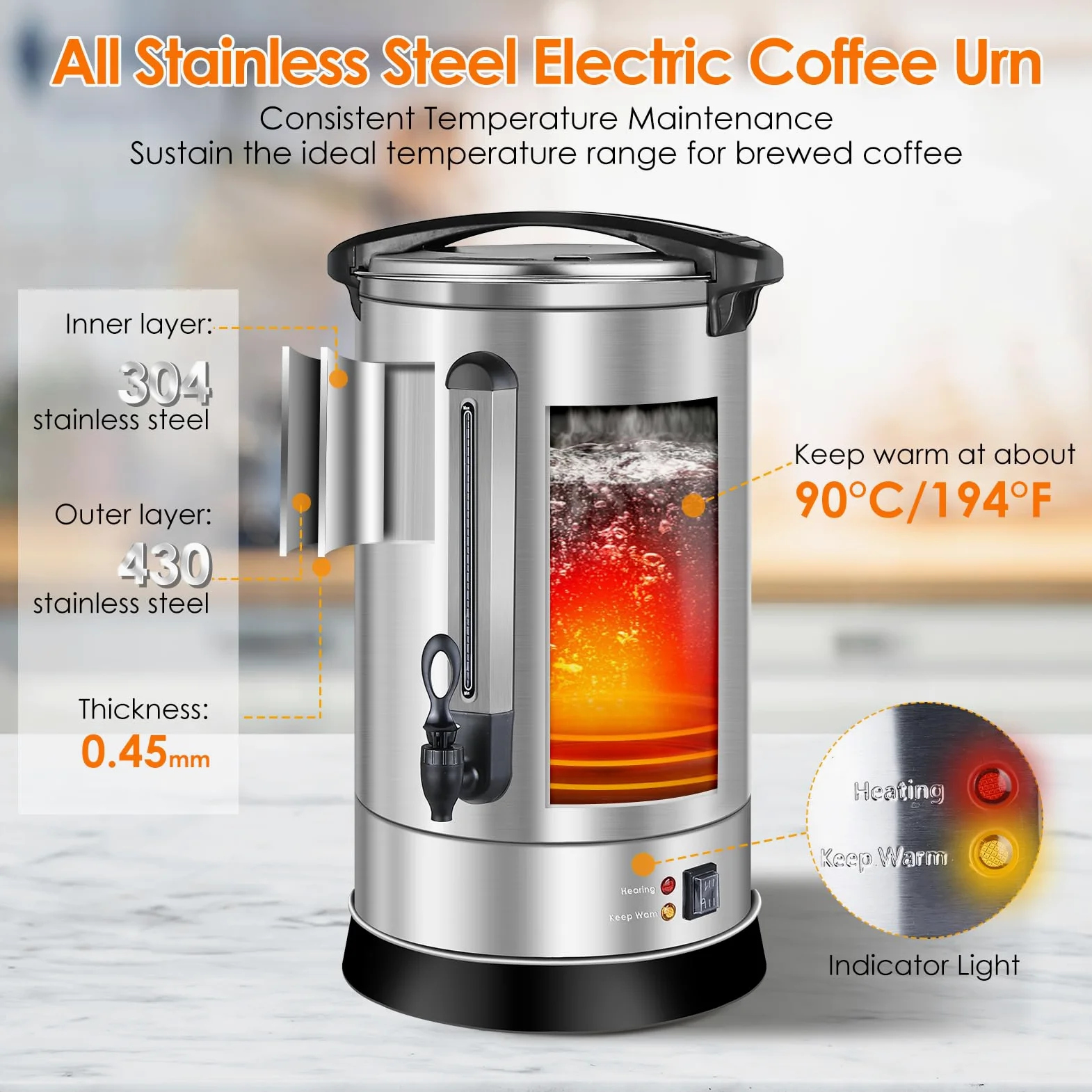 Homtone percolateur à café 120 tasses/18L à double paroi, percolateur industriel avec filtre rond et robinet, distributeur d'Eau Chaude pour Café, Thé, 1500W (Argent)
