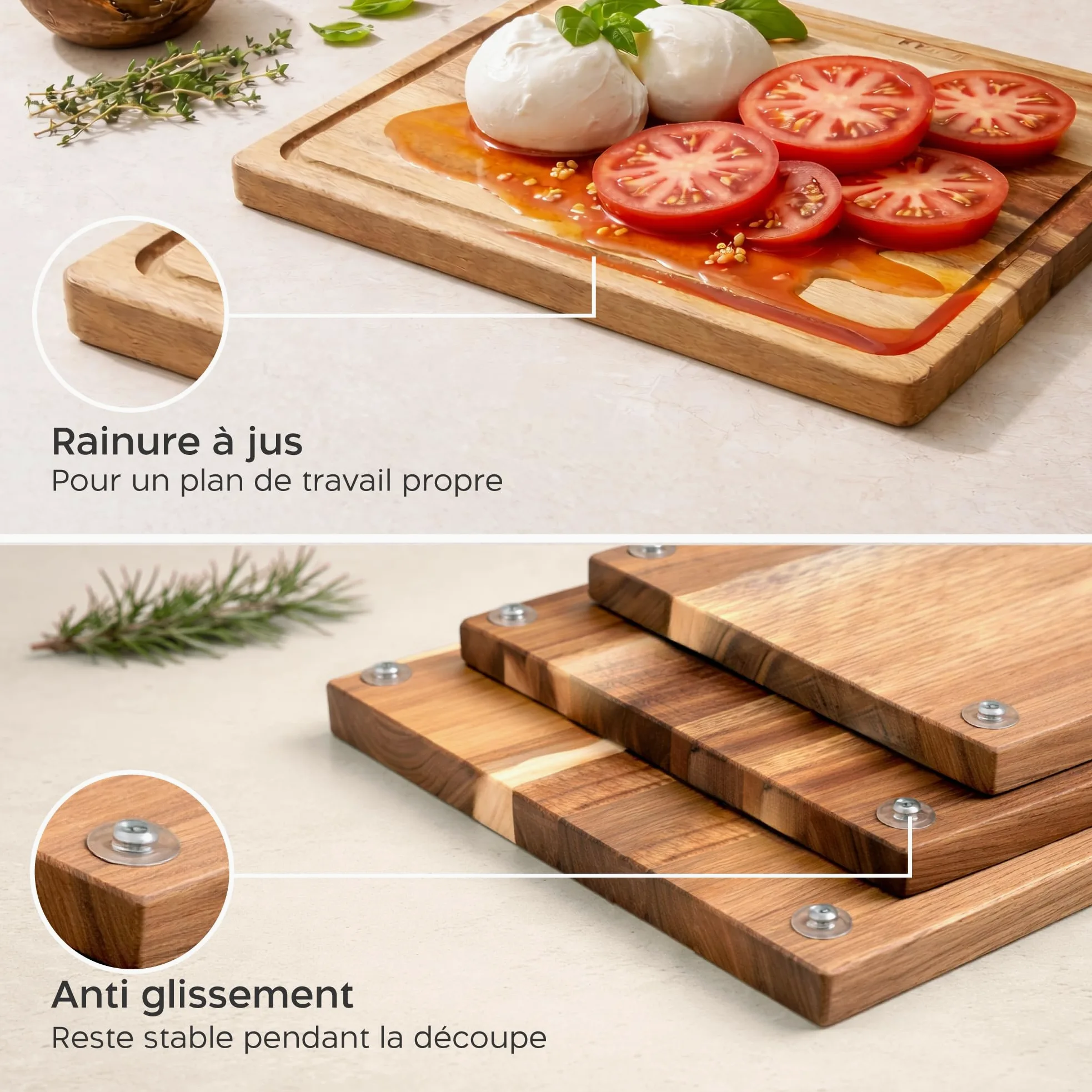 Twinzee 3 Planche a Decouper (40 x 30/33 x 24/26 x 18 cm) en Acacia Massif - Planche a Decouper Bois avec Support, 2cm d'Epaisseur, avec Rainure a Jus