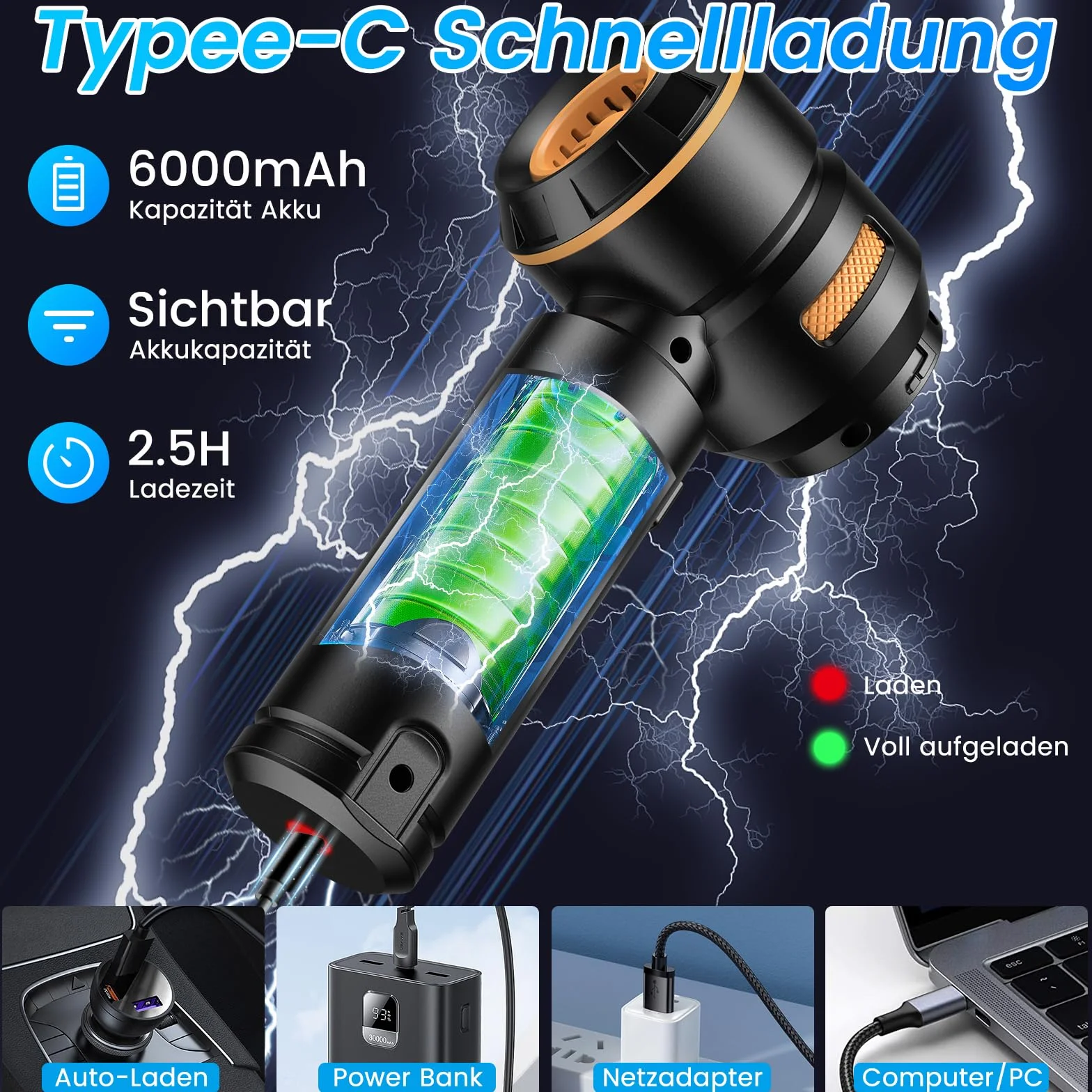 HOVIN Aspirateur Voiture Puissant sans Fil - 20000PA Aspirateur A Main, Mini Aspirateurs Voiture,3 Vitesses Aspirateurs Souffleur Voiture,Peut êTre Utilisé comme Gonfleur Electrique,6000mah (Noir-Or)