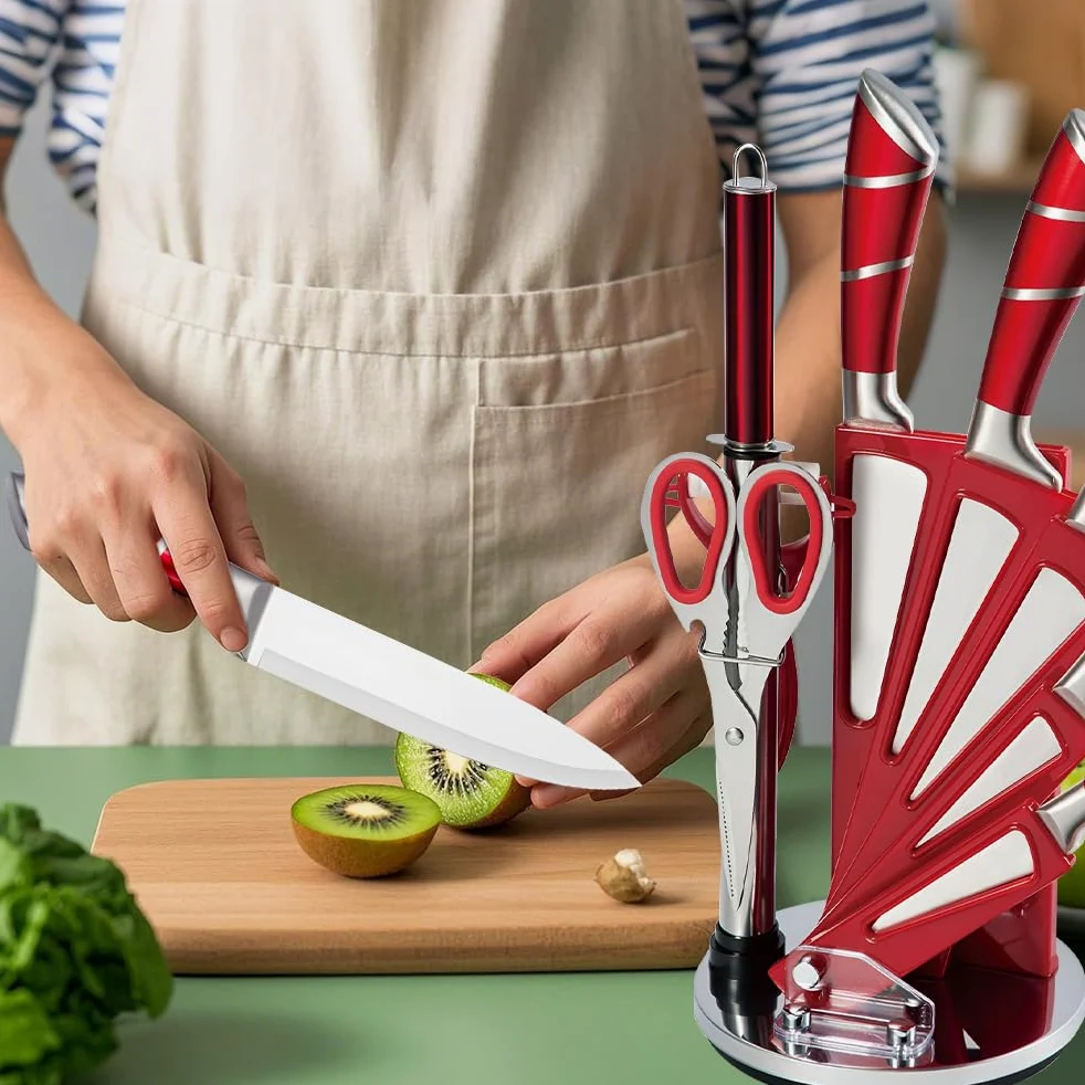 KEPEAK Set de Couteaux de Cuisine 9 Pièces avec Bloc Acrylique Rotatif – Couteaux de Chef Tranchants en Acier Inoxydable avec Fusil à Aiguiser – Pour Couper, Hacher, Émincer – Rouge