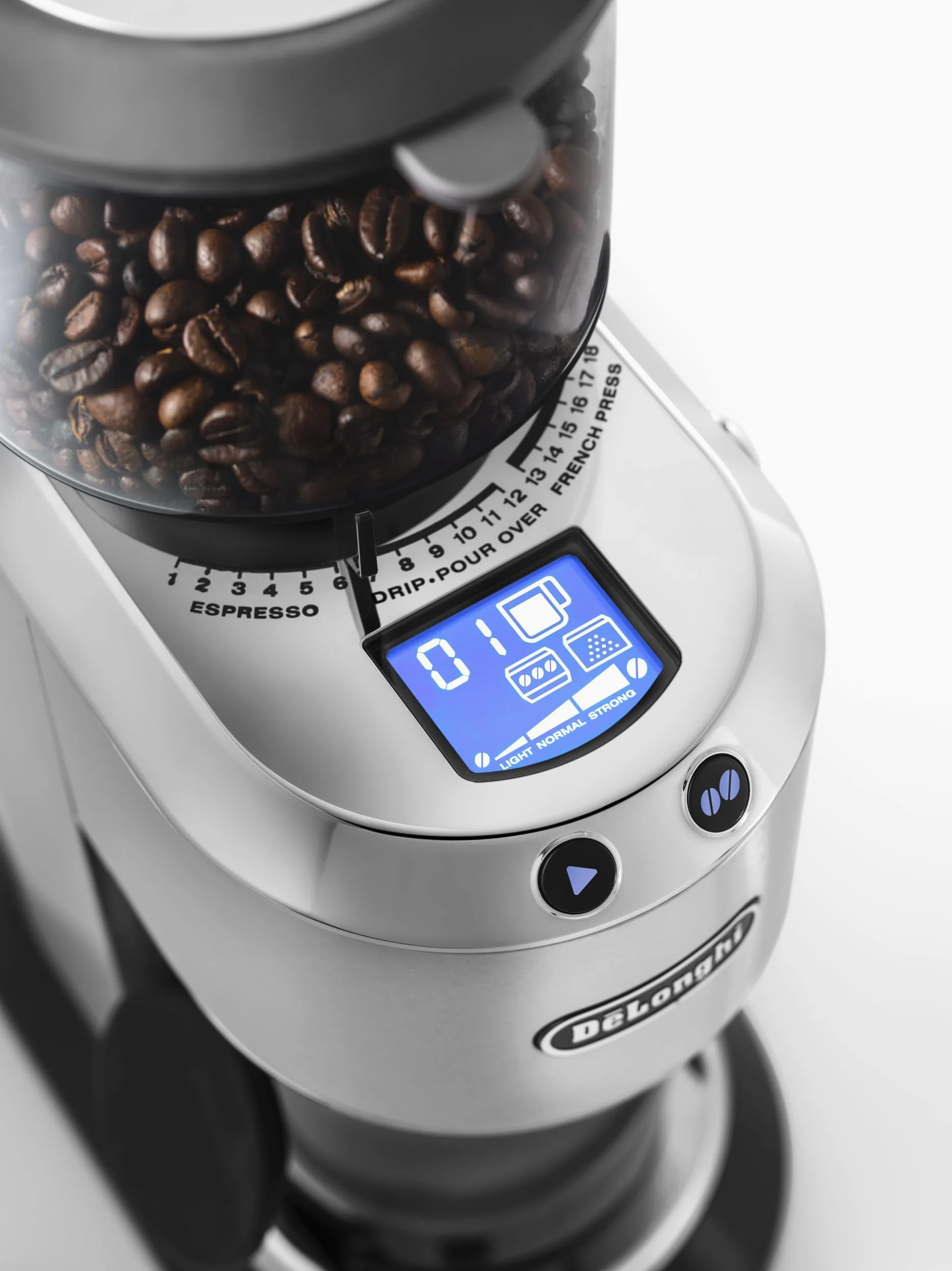 DeLonghi Moulin à café électrique Dedica KG 521.M, écran LCD 2,1 pouces avec fonction arôme, boîtier entièrement métallique, moulin à cône en acier inoxydable, réglage de mouture réglable, argent