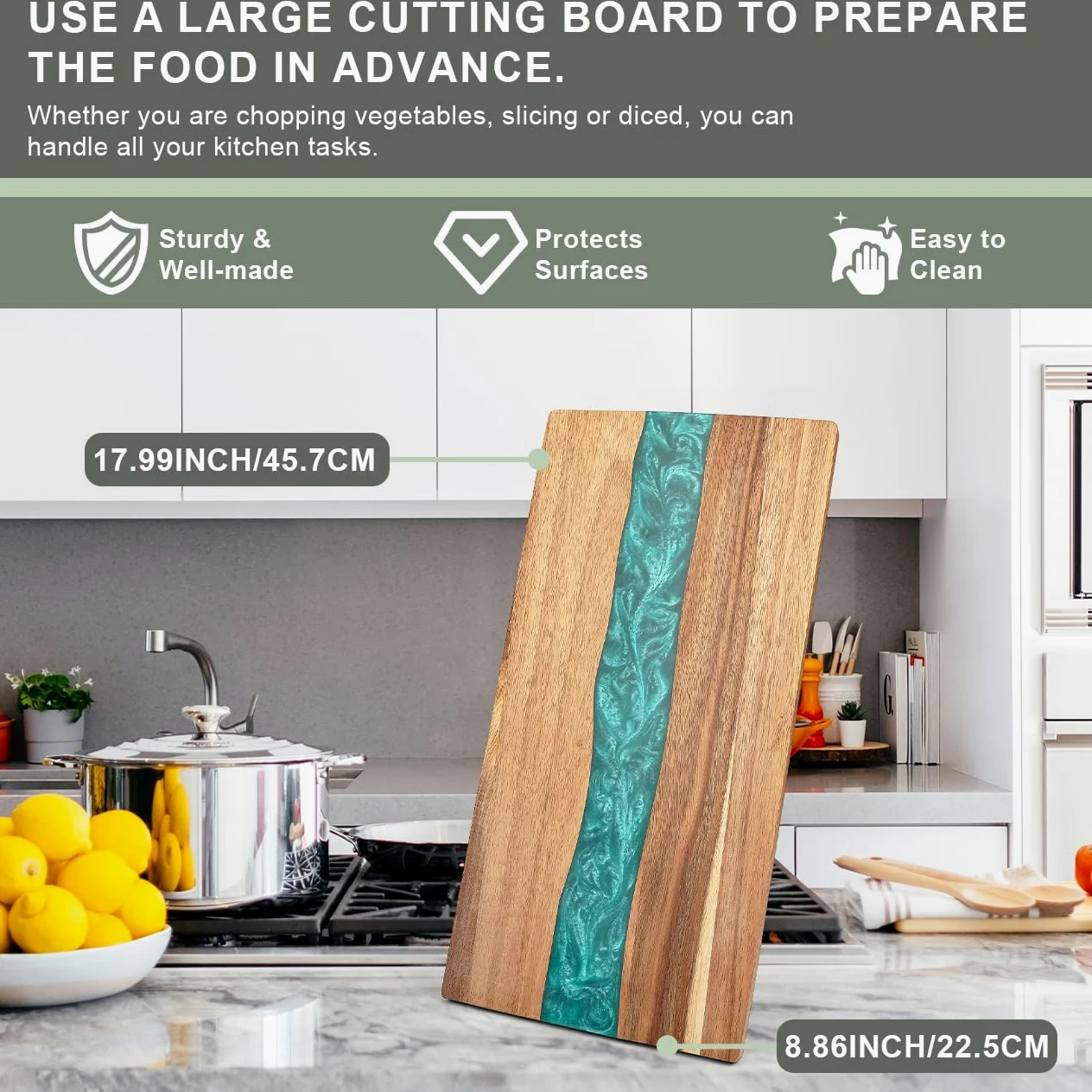 Planche à découper en bois d'acacia avec motif vague en résine – Planche à découper de cuisine pour viande, légumes, fruits et fromage – Plateau de service en bois époxy – 45,7 x 22,9 cm