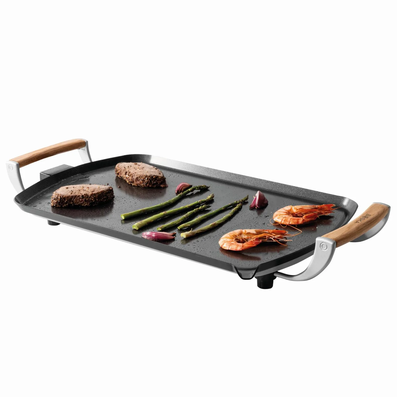 Boska Plancha Électrique Pro – Plaque Teppanyaki 35x56 cm – Revêtement Céramique sans PFAS – Thermostat Réglable – Écoulement des Graisses – Poignées en Chêne – Noir