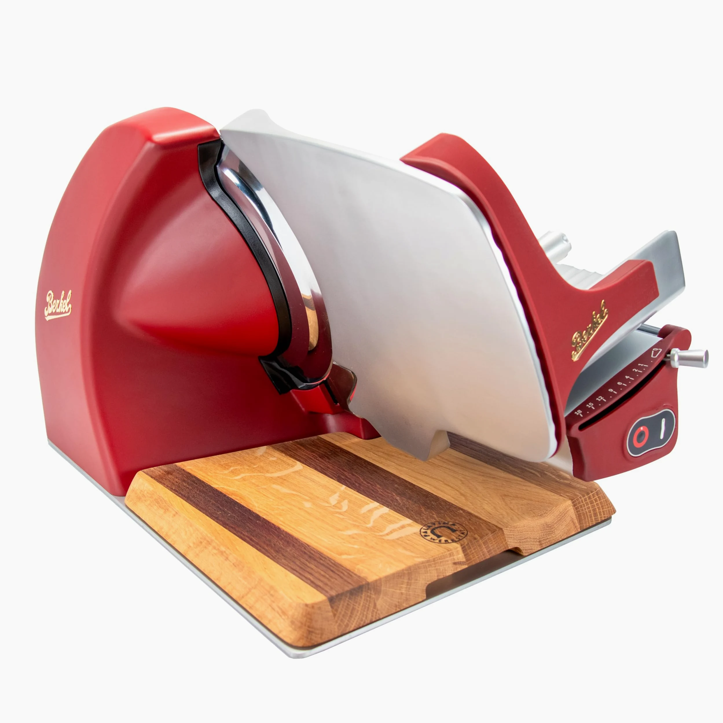 Berkel Home Line 250 Plus Trancheuse à charcuterie, électrique et compacte, rouge mat, idéale pour le prosciutto, les légumes et le fromage, avec planche en bois de qualité supérieure