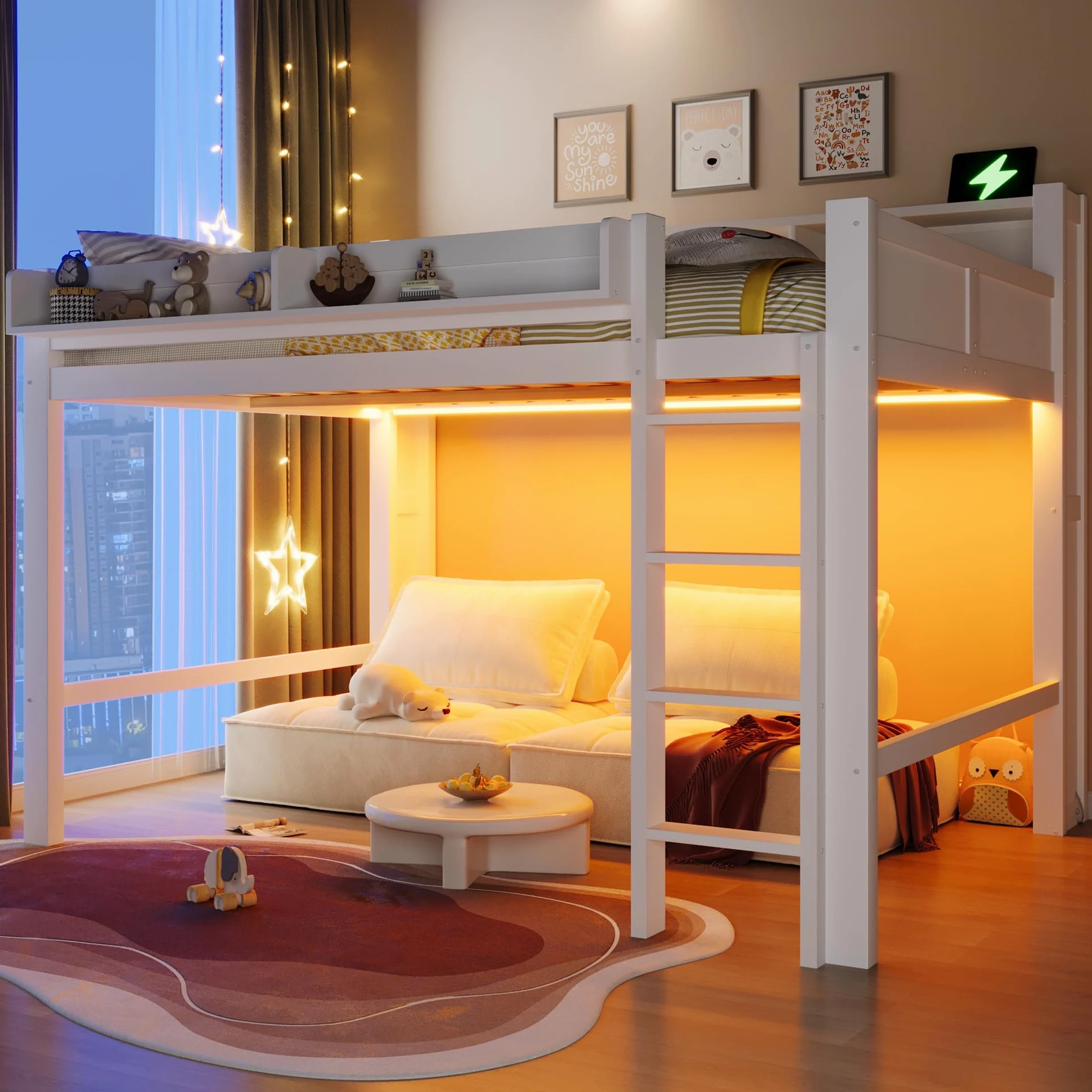 Lit Superposé Enfant 140x200cm avec éclairage LED et Port USB,Lit Mezzanine 2 Place en Bois avec rangements,Garde Corps,lit Jeune duoble,Cadre de lit Double,sans Matelas,Blanc