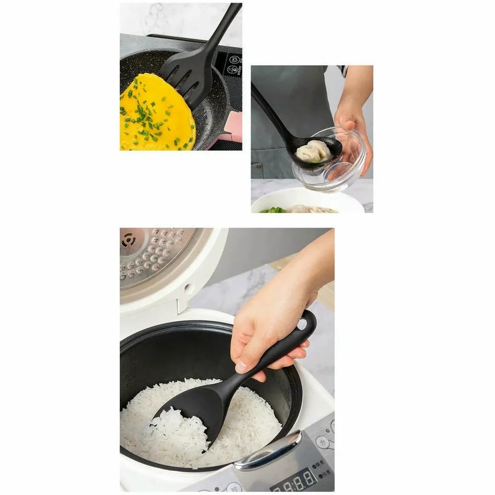 WLDMA Ensemble d'ustensiles de cuisine noirs en silicone de qualité alimentaire avec spatule, pelle à soupe, cuillère à soupe, ustensiles de cuisine BPA