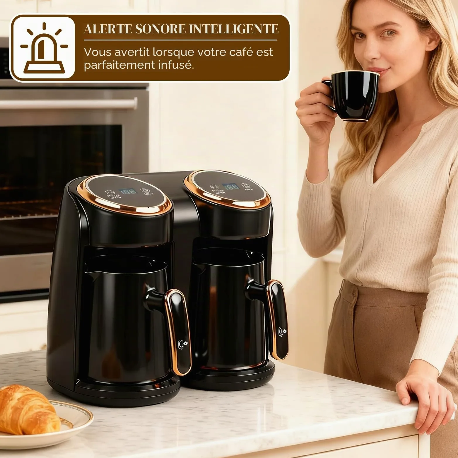 Cafetière turque, 600 W, cafetière turque avec double système de chauffage, protection contre le débordement et protection contre l'ébullition à sec, 300 + 300 ml (1 à 8 tasses)