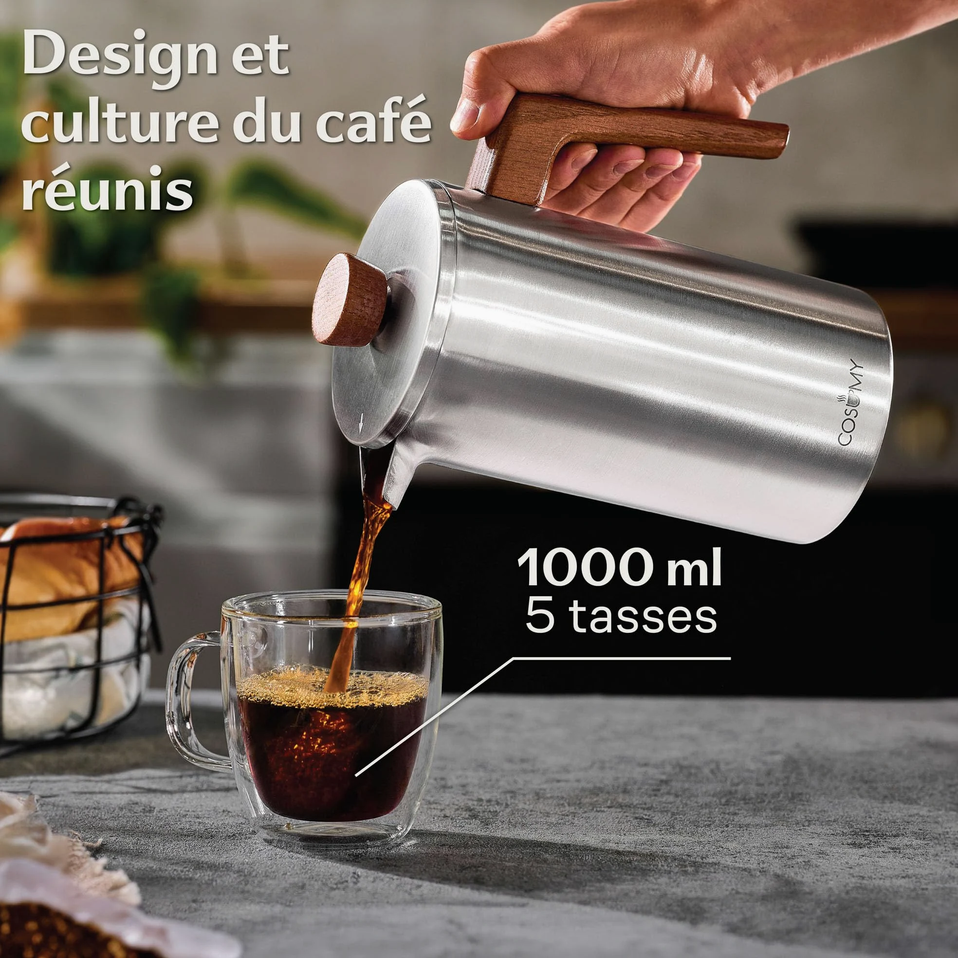 Cosumy Cafetière à Piston Inox 1l pour 5 Tasses - Double Paroi Isolante - Garde le café chaud - Acier Inoxydable et Bois de chêne FSC