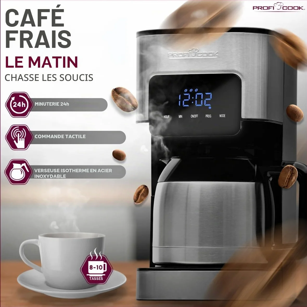 Profi Cook Machine à café avec thermos - avec minuterie pour un café frais le matin - Thermos à double paroi avec fermeture aromatique, Machine à café filtre en acier inoxydable PC-KA 1191