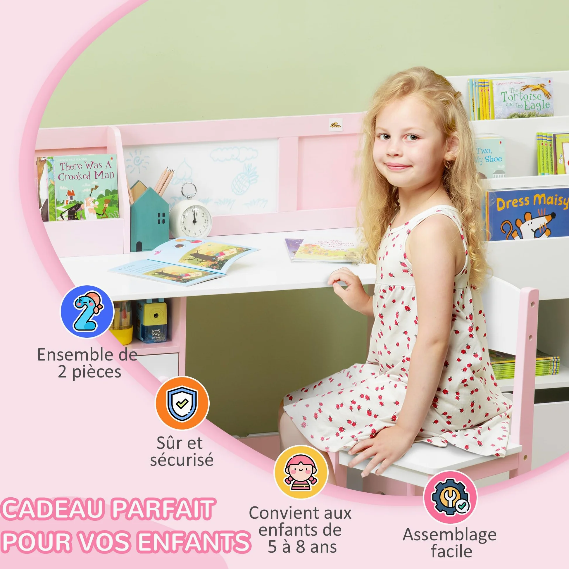 HOMCOM Ensemble Table et Chaise pour Enfant avec Tableau Blanc - Bureau pour Enfant +5 Ans 90L x 45l x 85H cm Rose