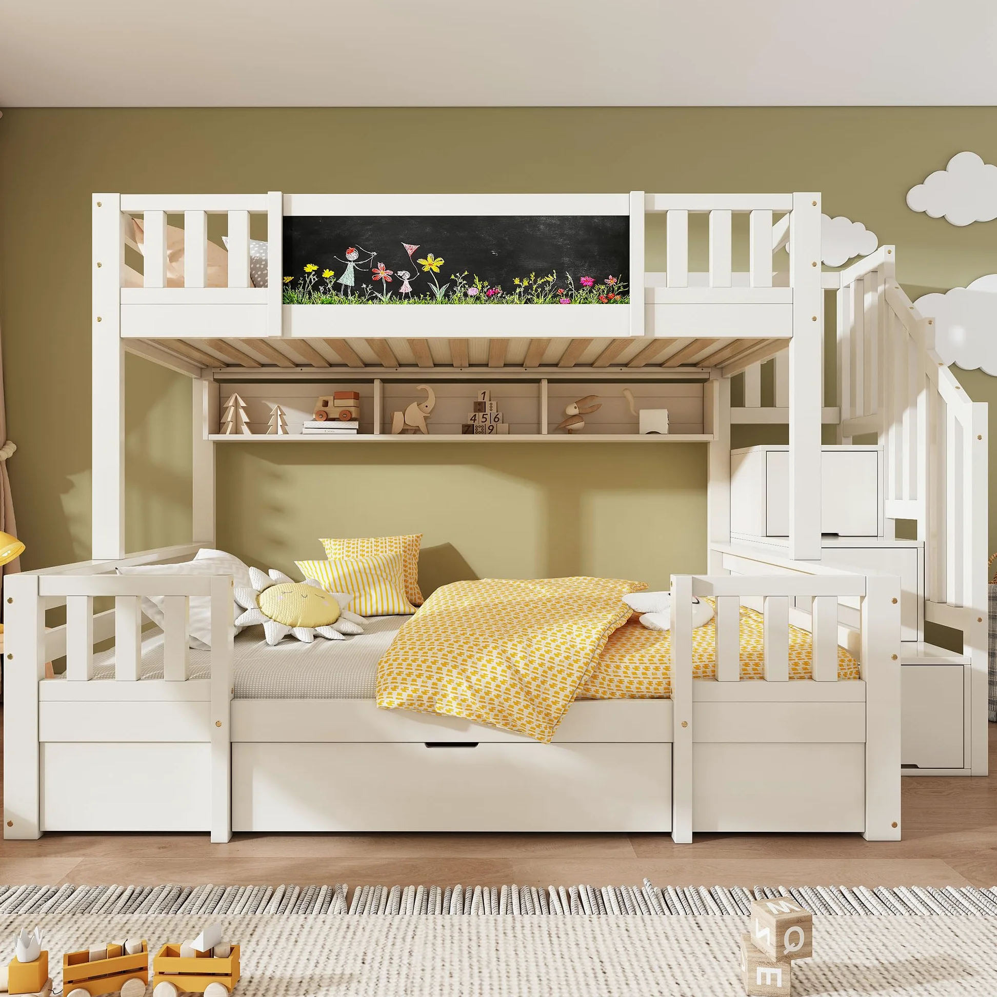 Sapgaks Lit superposé Enfants en Bois Massif 90/140x200 avec Tableau Noir, échelle de Rangement, 2 tiroirs,lit Enfant,Cadre de lit 2 Personne avec Garde-Corps et sommier à Lattes (A-Blanc)