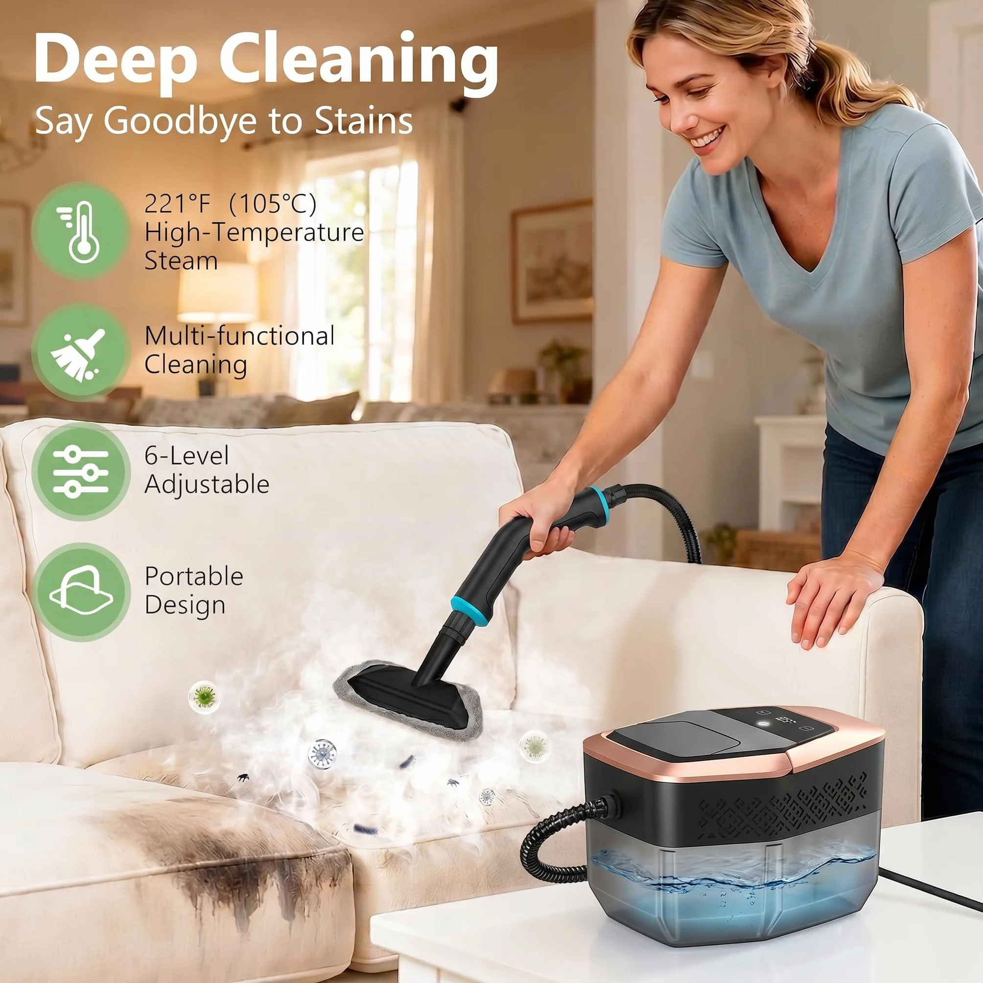 Nettoyeur Vapeur éLectriques Portable Vaporisateur a Main Appareil Professionnel Vitre Canapé Maison Cuisine Voiture, 6 Niveaux De RéGlage, 1,8L,Chauffage 15s,Affichage LCD Température