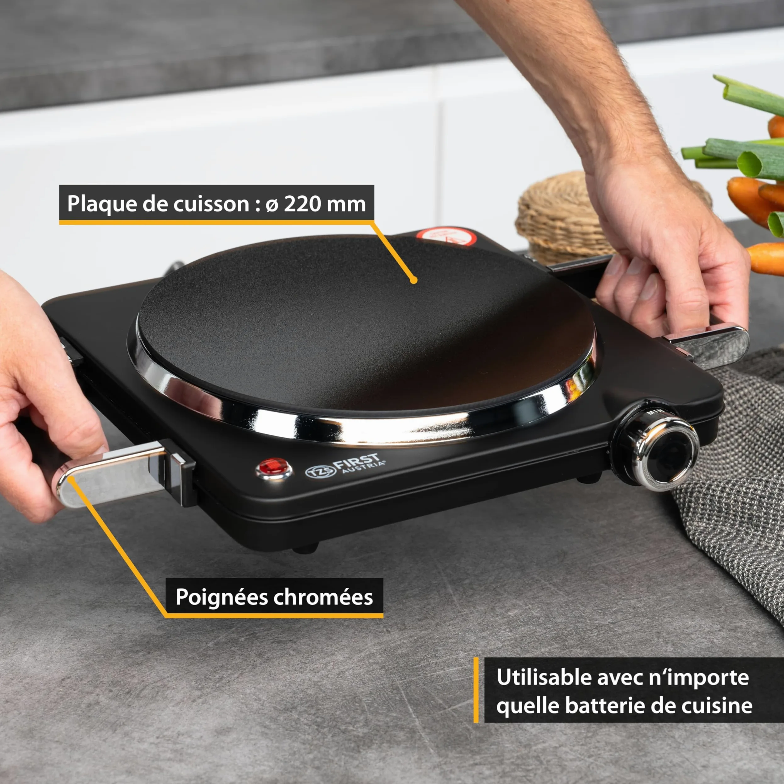 TZS First Austria - Plaque Infrarouge 1500W - Plaque vitrocéramique pour tous types de casseroles - Réchaud électrique avec poignées, réglage continu & témoin lumineux - Ø 220 mm - Noir