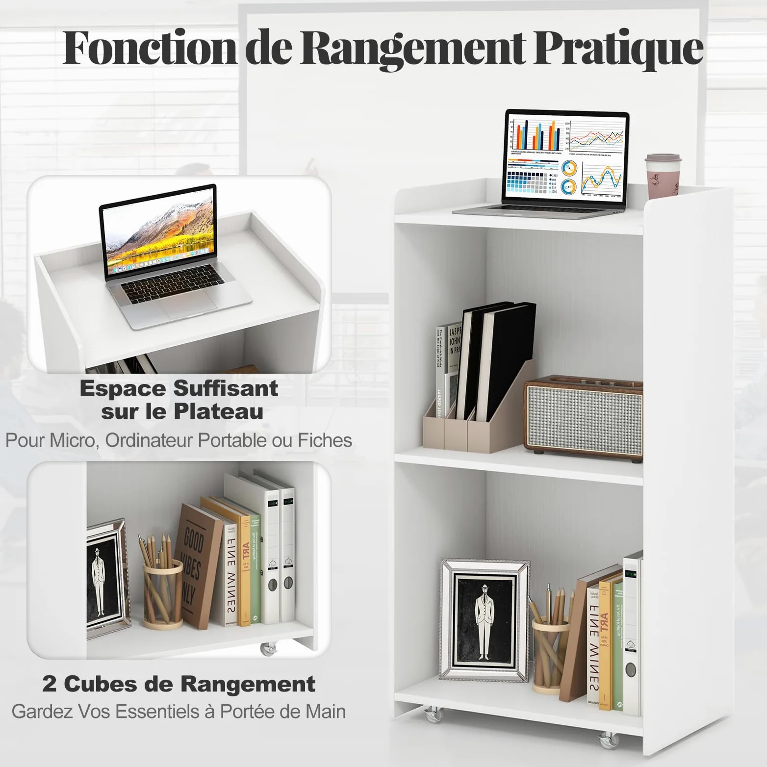 COSTWAY Podium Debout en Bois Roulant, Pupitre avec 2 Étagères, Podium Portable avec roulettes, Comptoir d'accueil, Roues Verrouillables, pour Église, Bureau, École, Conférence (Blanc)