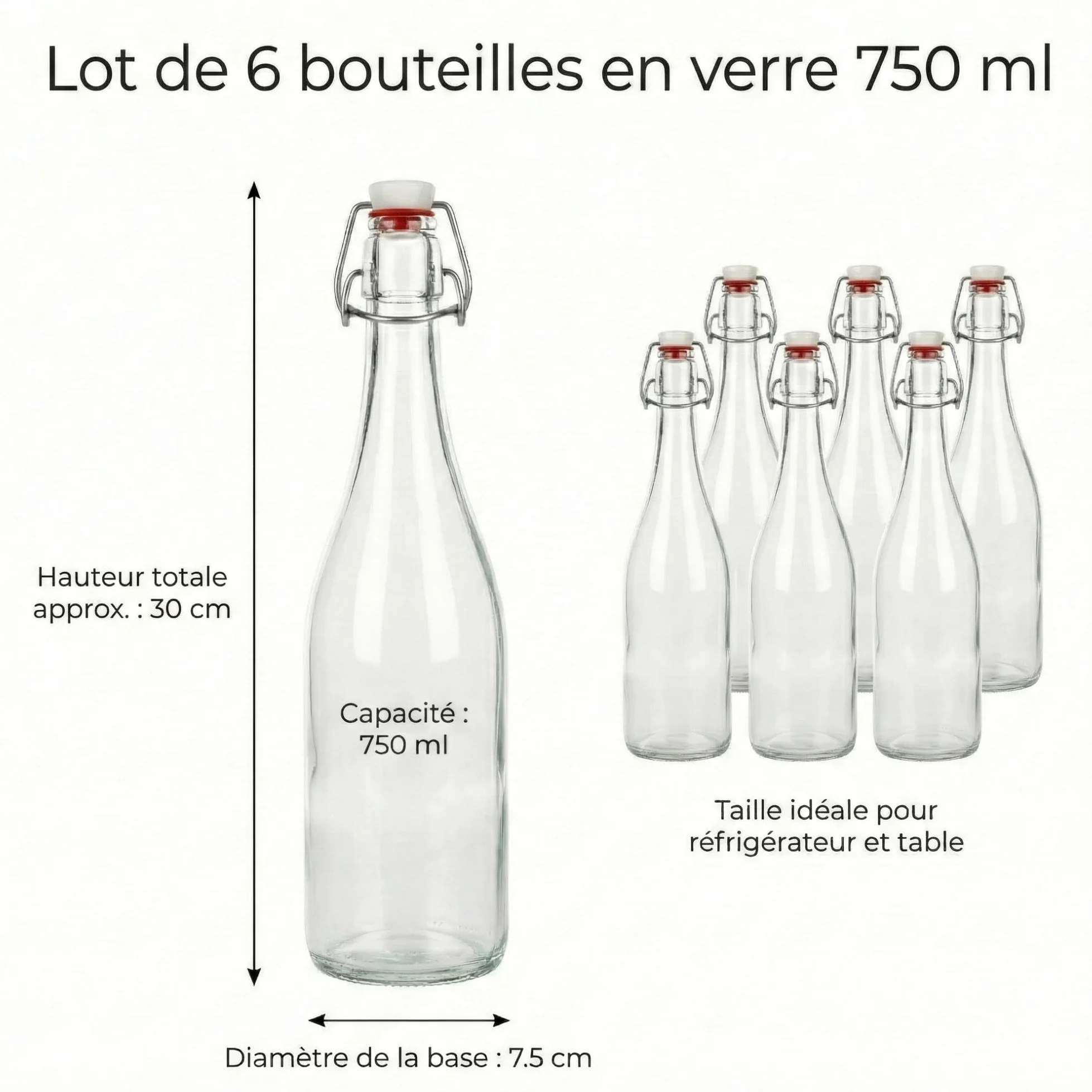 myFERMENTS Kit 6 Bouteilles 750ml en Verre Épais avec Bouchon Mécanique Hermétique | Set Complet Fermentation Bière Kombucha Kéfir Huile | Entonnoir 10cm, Tissu 50x50cm, Joint Porcelaine