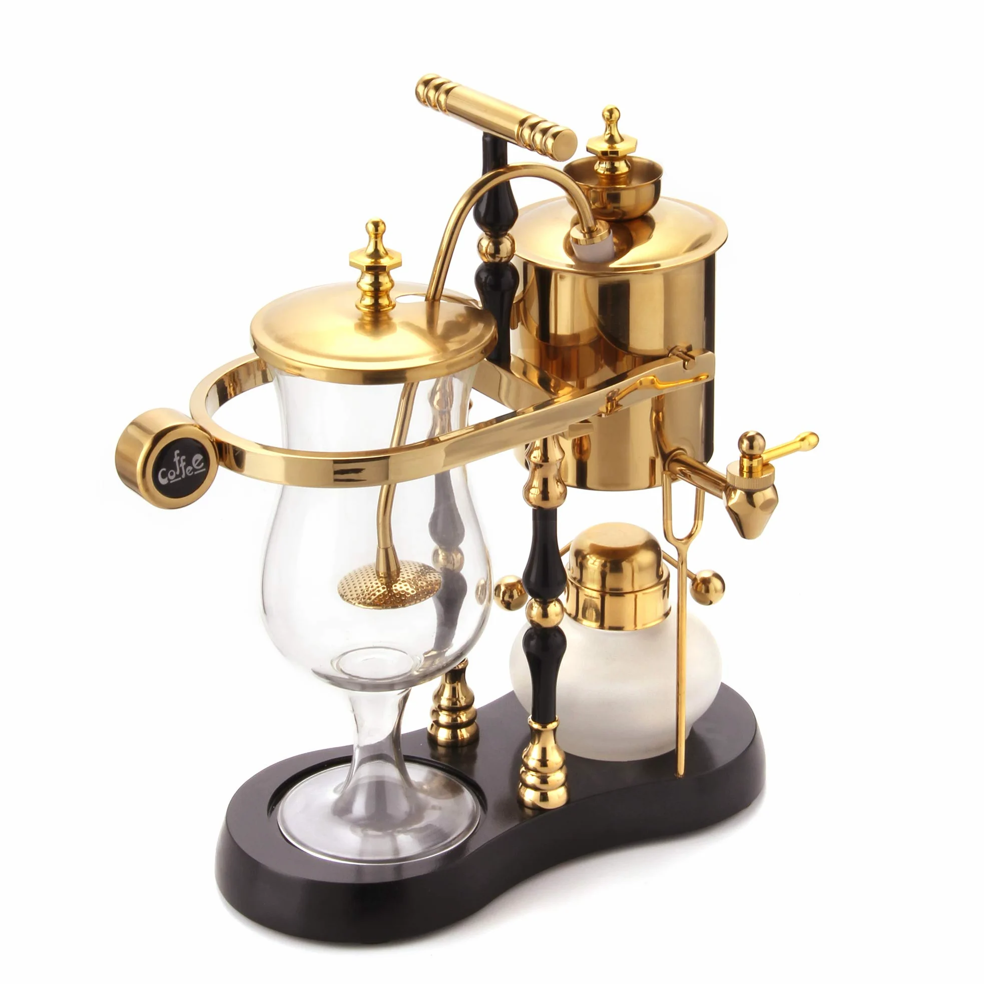 Diguo Machine à café de luxe à siphon d’équilibrage Famille royale belge Fulcrum élégant à double cannelure avec poignée en T (noir égyptien et doré).