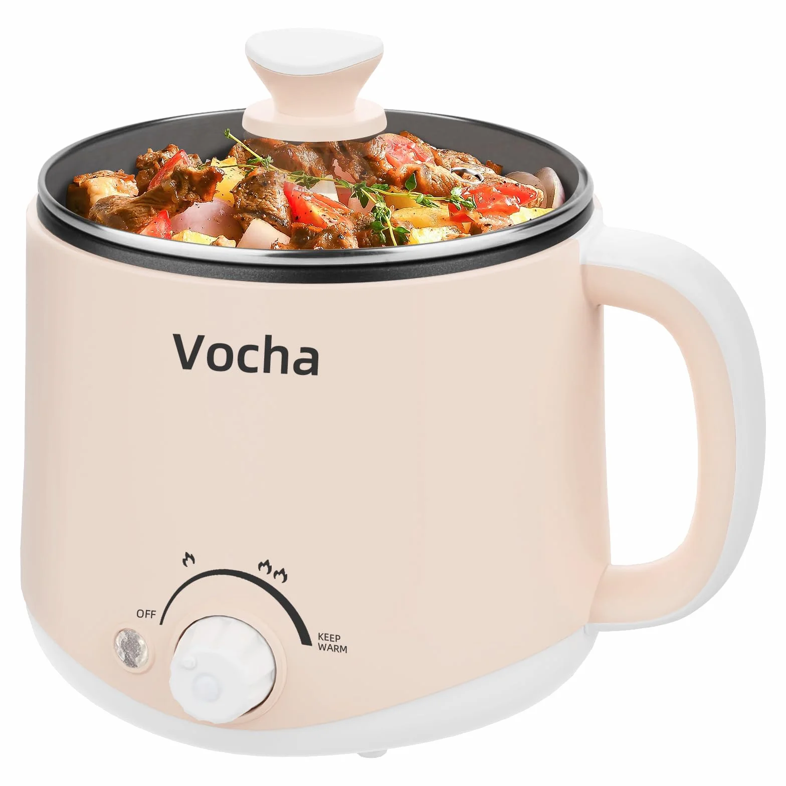 Vocha Marmite électrique avec fonction de maintien au chaud, poêle électrique anti-adhésive de 1,6 L, cuiseur de voyage portable, multicuiseur pour pâtes, nouilles, soupes, œufs durs, légumes (beige)