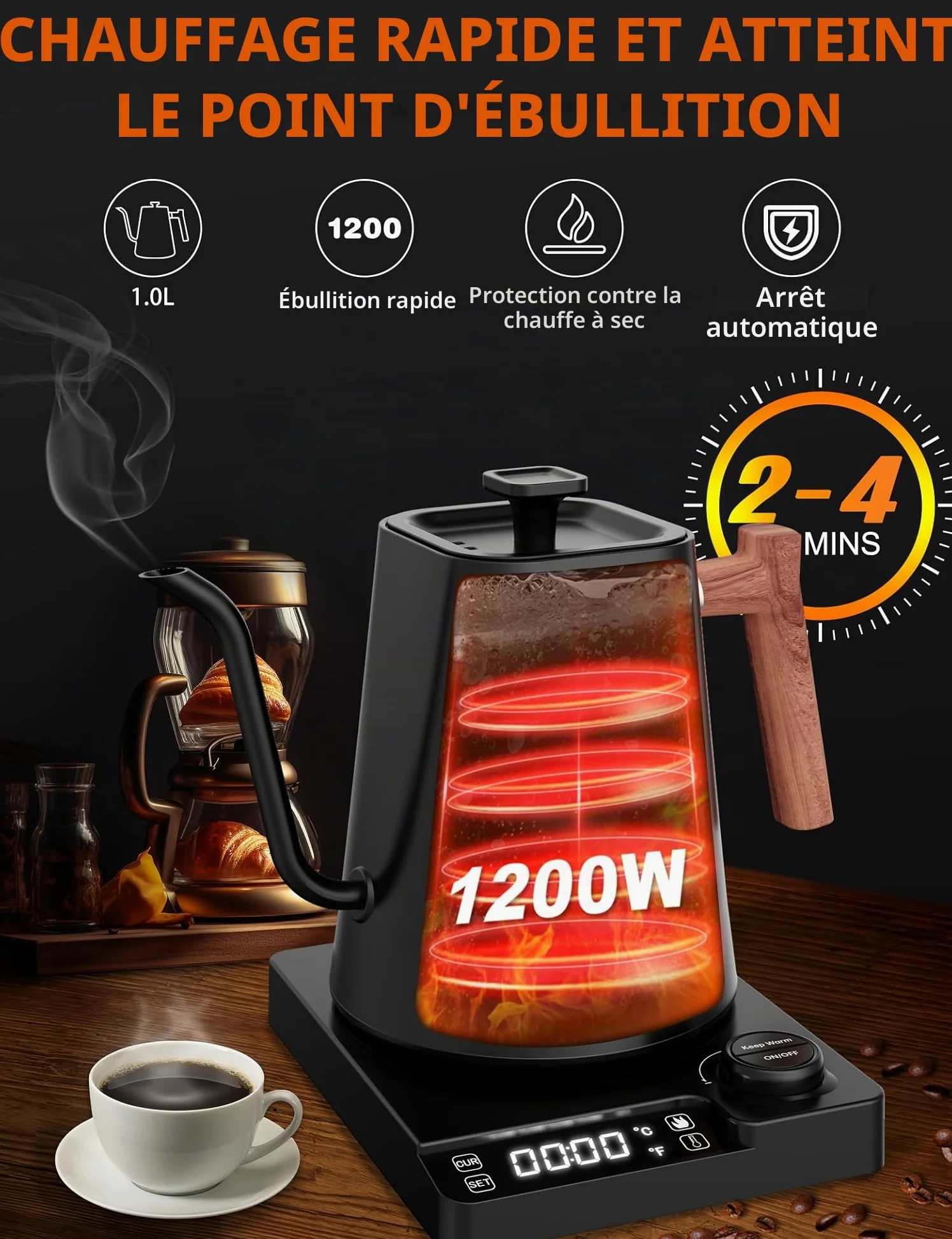 Bouilloire électrique 1L en acier inoxydable avec réglage de la température, col de cygne Bouilloire, fonction de chaleur 24 heures, bouilloire électrique avec affichage de la température, 1200W