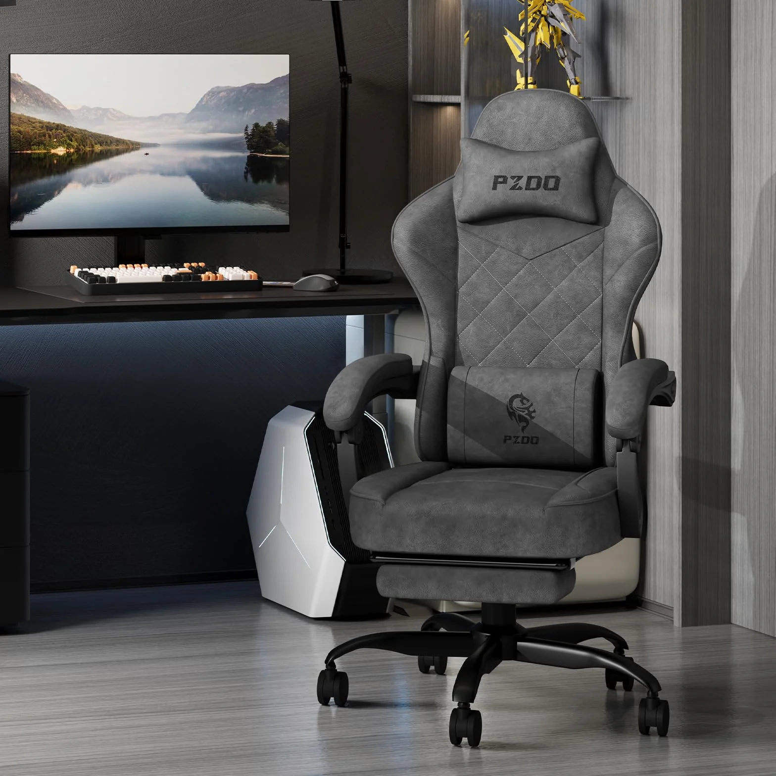 PZDO Chaise Gaming Bureau Ergonomique Chaise Gamer avec Tissu High-Tech, Siege Gaming avec Repose-Pieds, Rembourrée Gaming Chair, Fauteuil Gamer pour Adultes(Noir)