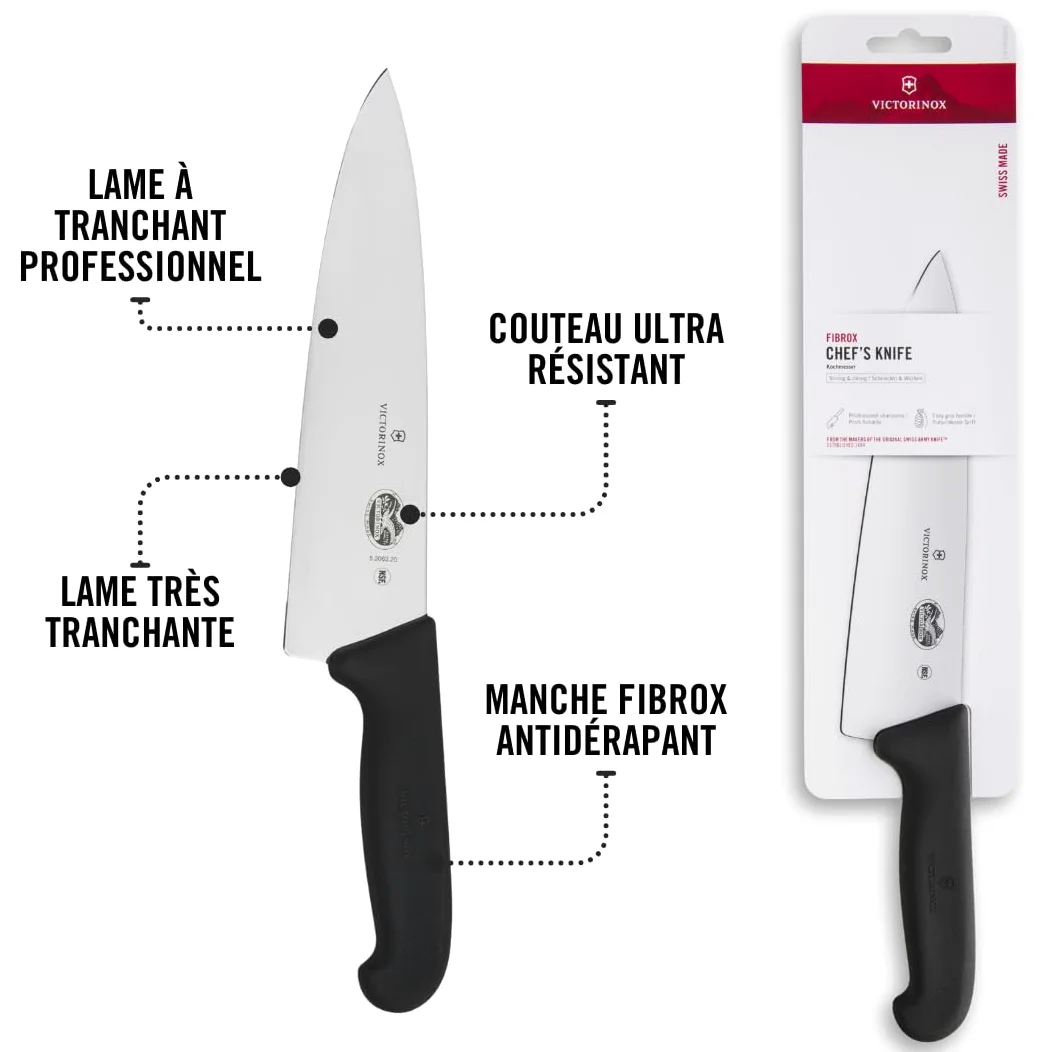 Victorinox Fibrox Couteau de chef, Large couteau universel pour viande, poisson, légumes et herbes, 20 cm, Lame lisse, Tranchant, Inox, Noir