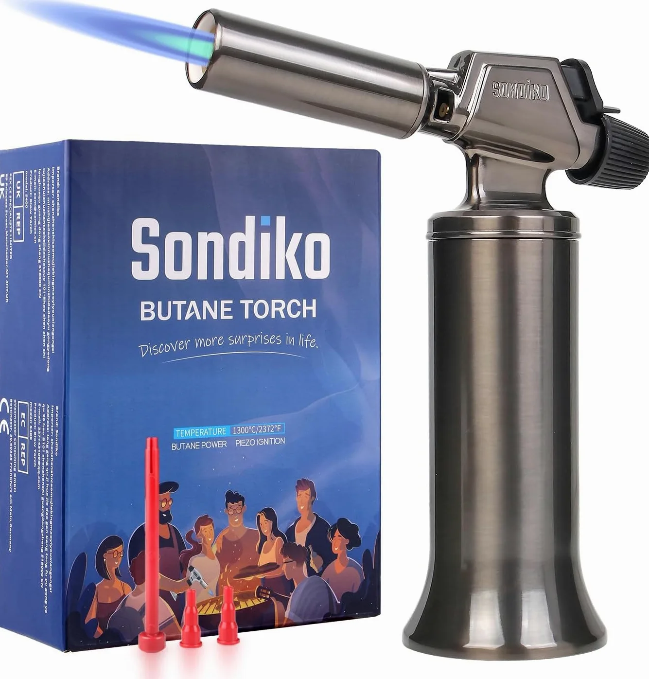 Sondiko Chalumeau Au Butane, Chalumeau Rechargeable à Grande Flamme En MéTal, De Qualité SupéRieure, Et RéSistante Au Vent Pour La Cuisine, Le Barbecue, La Soudure(Gaz Butane Non Inclus)
