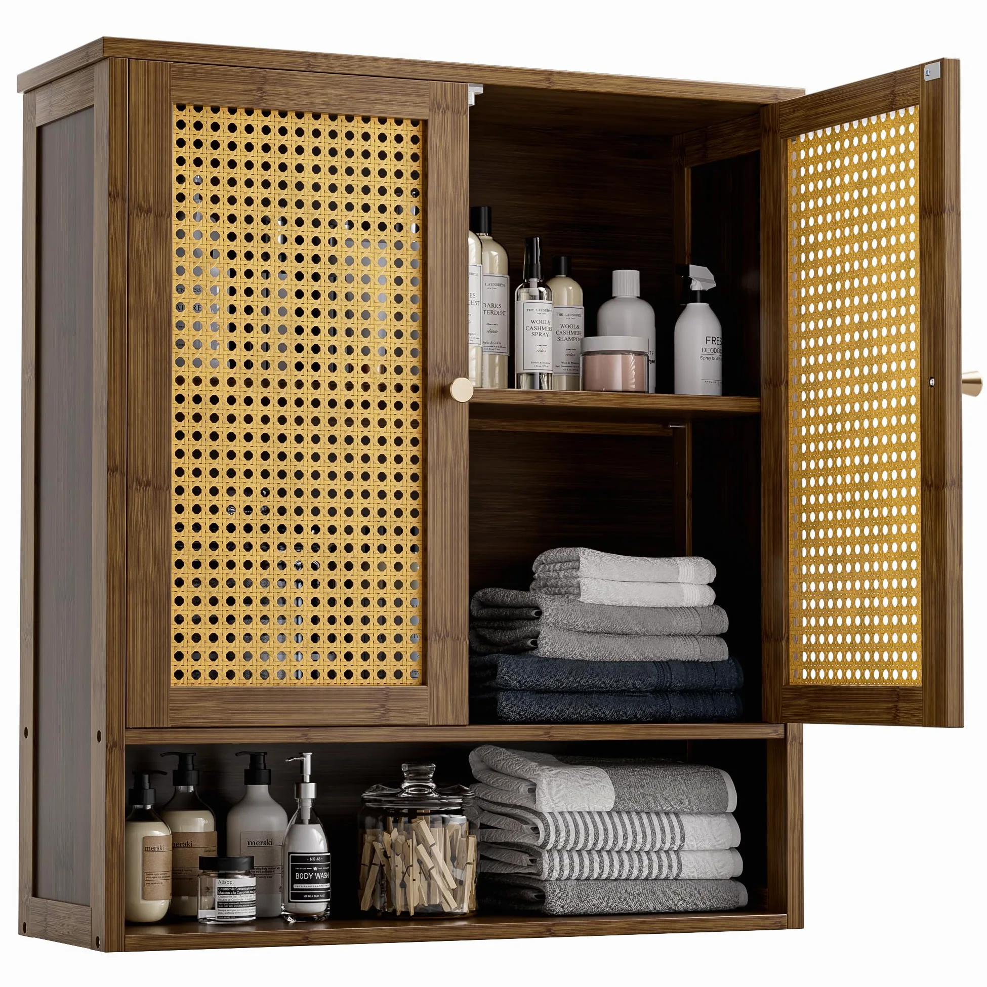Armoire Murale de Salle de Bain en Bambou avec 2 Portes en rotin et étagère réglable, Armoire à Pharmacie économiseur d'espace pour Linge, Cuisine, Salon (Noyer)