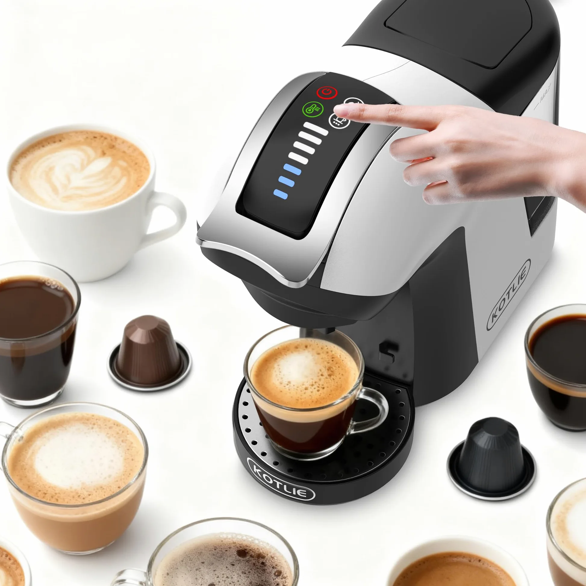 KOTLIE EM-308B Machine à café à capsules NES/DG/MIO/ESE et café moulu, réservoir d'eau de 1 litre, 3 températures d'infusion, idéale pour la cuisine, l'appartement et le bureau