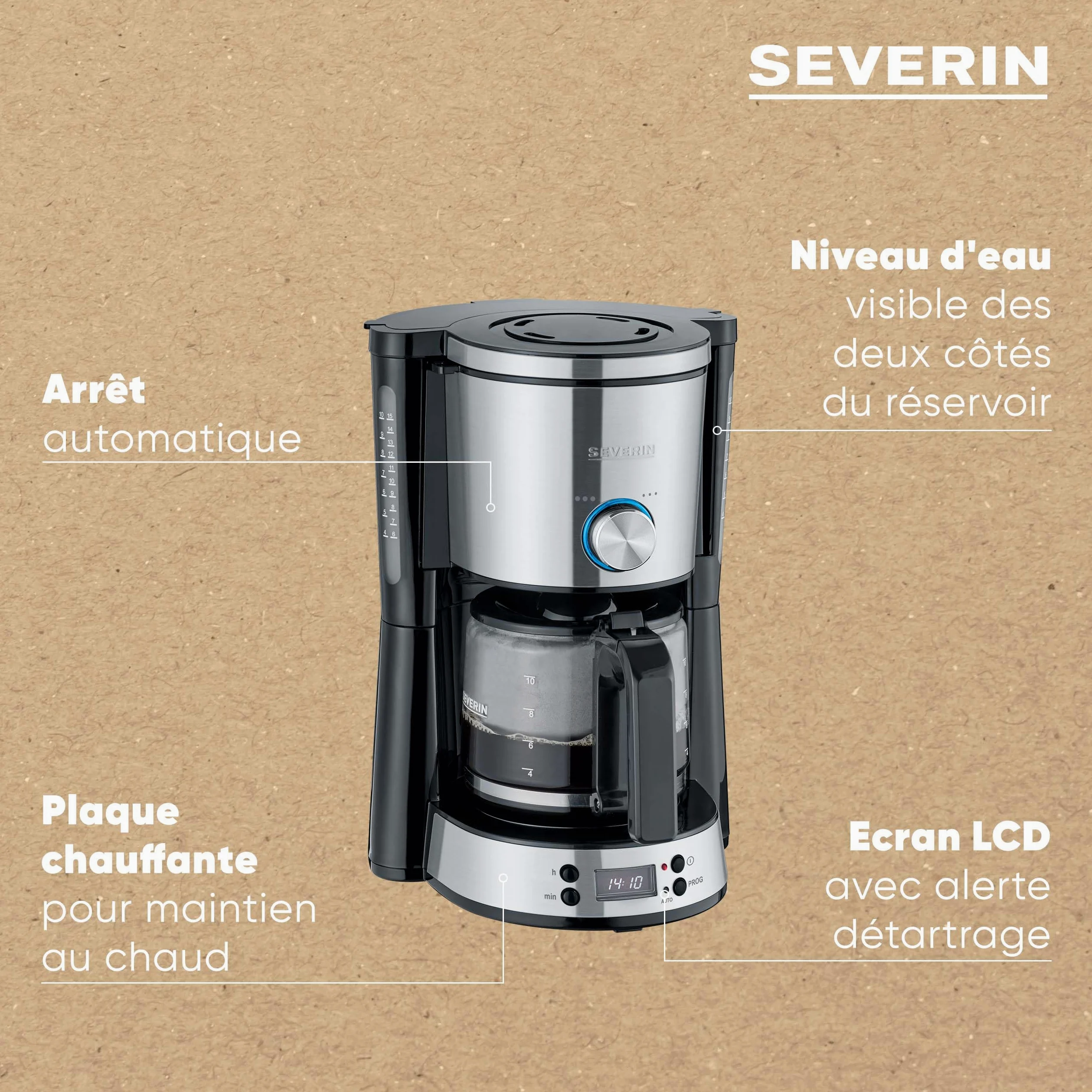 Severin Cafetière Programmable "TYPE Switch", 1000 W, jusqu‘à 10 tasses, AromaSwitch, Sélecteur d'arômes, Noir/Inox, KA 4826