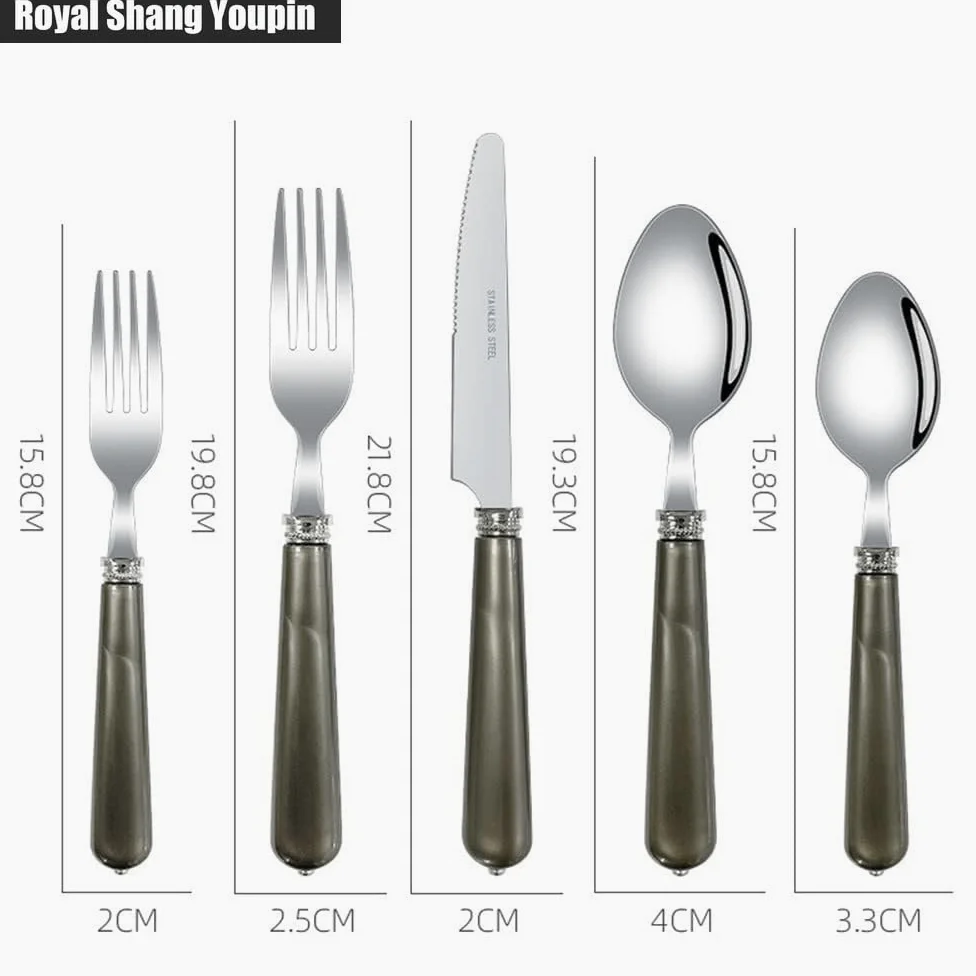 ABS Perle Poignée Cuisine Acier Inoxydable Argenterie Vaisselle Couverts Ensemble De Couverts Couteau À Steak Fourchette Cuillère Cuillère À Café Ustensiles (Beige,20 pièces)