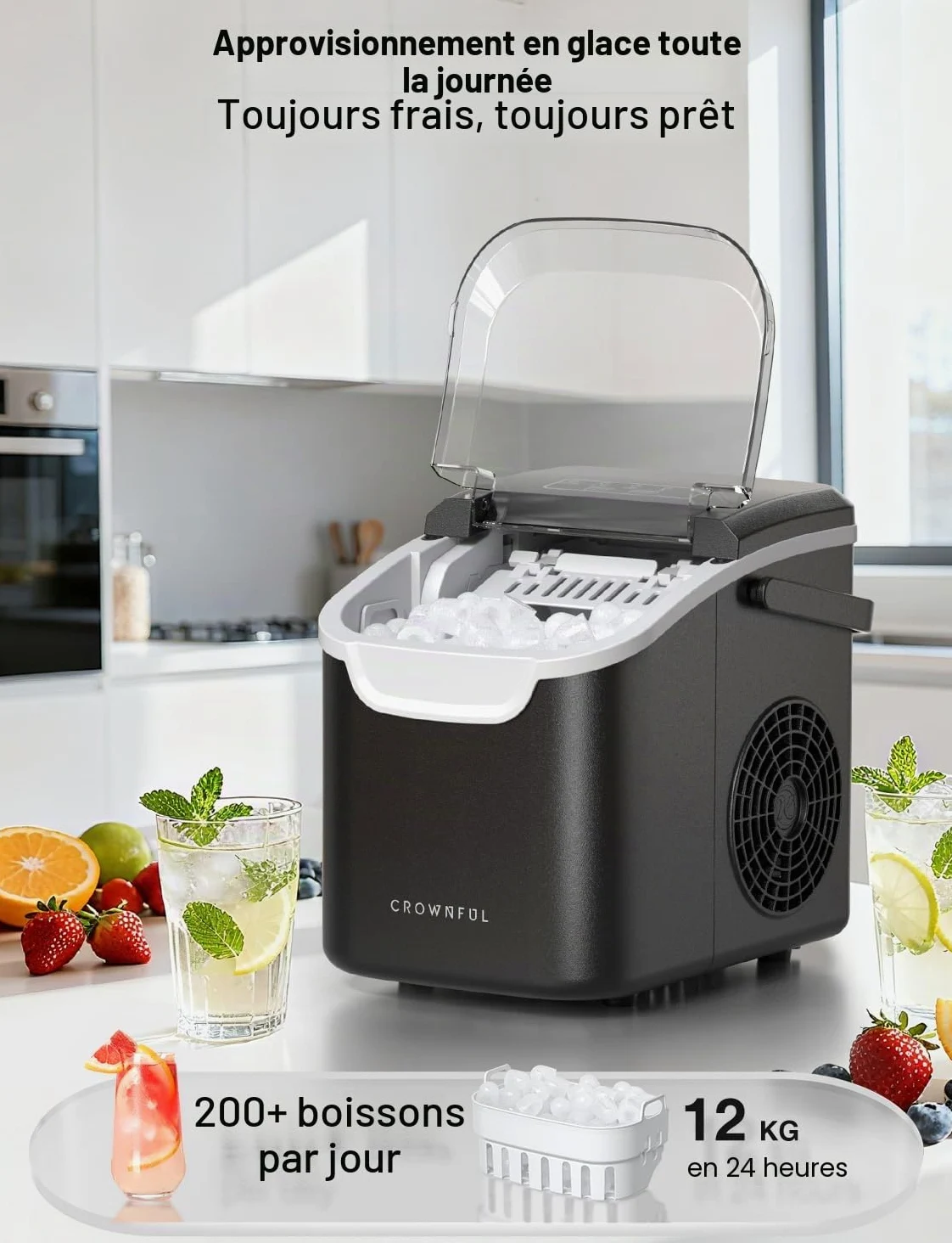 CROWNFUL Machine à Glaçons Portable, 8 Glaçons en 6 Minutes, Machine à Glaçons Autonettoyante 12 kg/24 h pour Maison, Cuisine, Bureau, Bar et Fête
