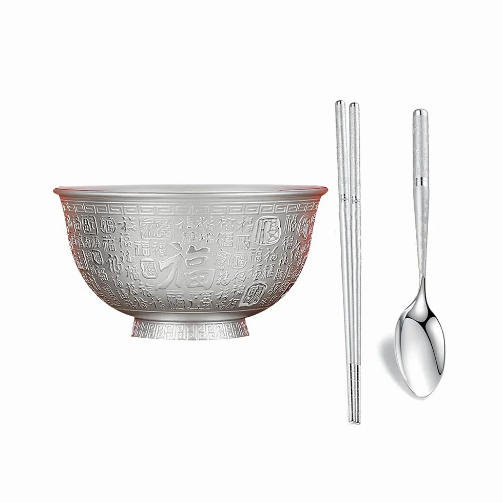 Bol à Grains en Argent Sterling, Bol de Dessert de Fruits à Salade, Bol à Riz Nouilles, Bol à Soupe, Isolation Thermique Anti-brûlante Double Couche,Three Piece Set