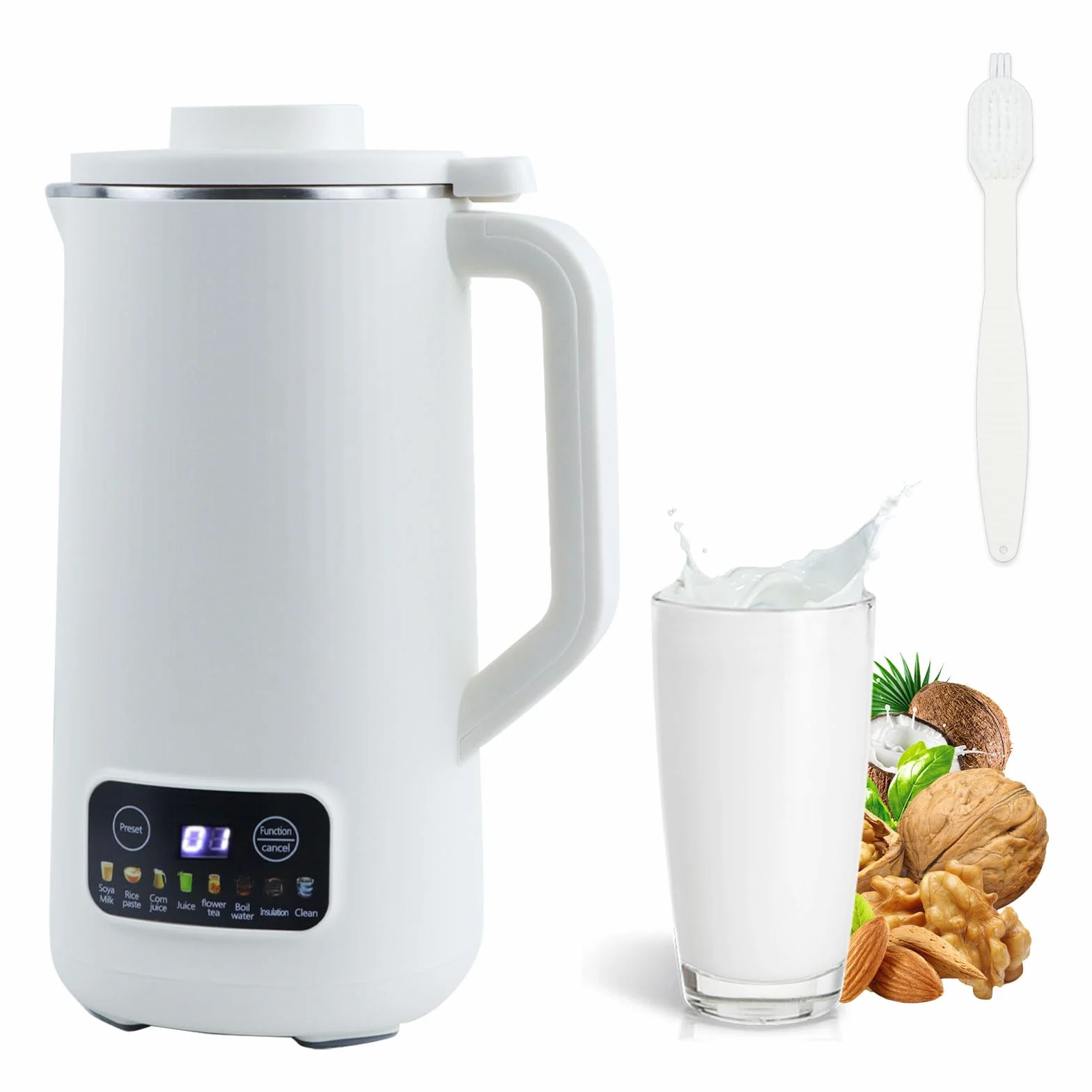 Qivine Machine à Lait Végétaux, Machine à Lait de Noix Automatique 600 ml, Machine Lait Vegetal Blanc avec 10 Lames de Feuilles, Démarrage Différé Autonettoyante, pour Avoine, Soja, Noix, Fruits