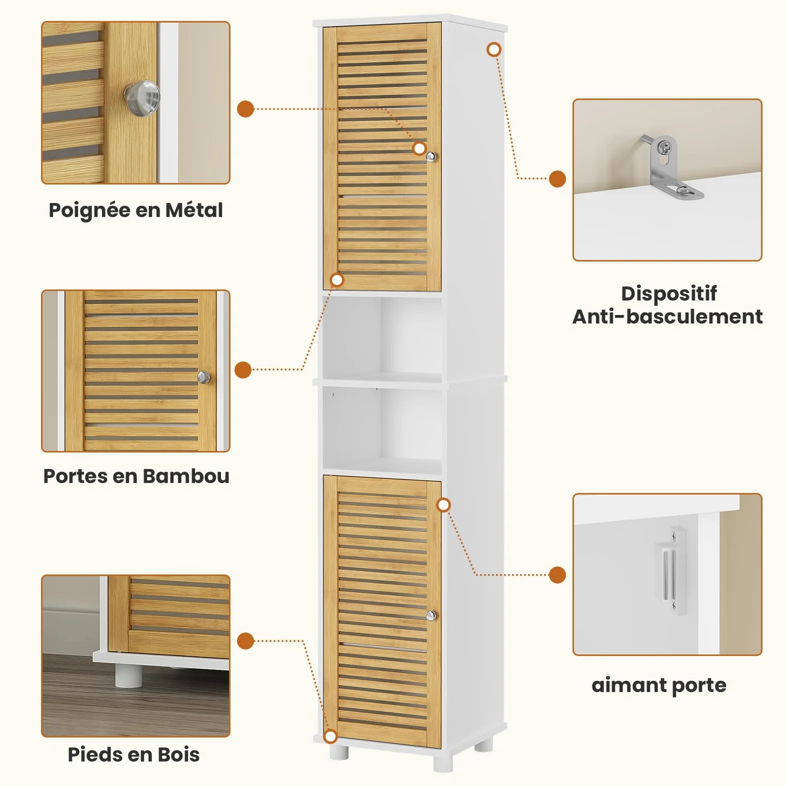 Meuble Colonne Salle de Bain, Armoire de Salle de Bain Haute avec 2 Étagères Ouvertes et 2 Portes en Bambou，Meuble pour Salon, WC, Cuisine, Entrée, 30 × 32 ×190 CM