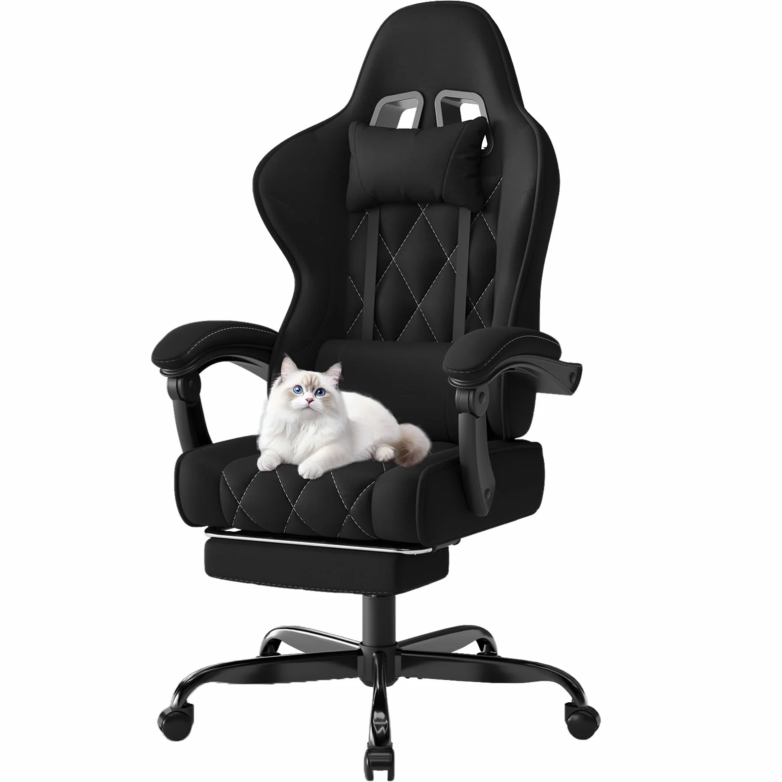 Devoko Chaise Gaming Ergonomique en Tissu, Chaise Bureau Gamer avec Repose-Pieds, Dossier Inclinable, Hauteur Réglable, Massage Lombaire, Fauteuil Gamer Respirant et Anti-Griffes pour Chat, Noir