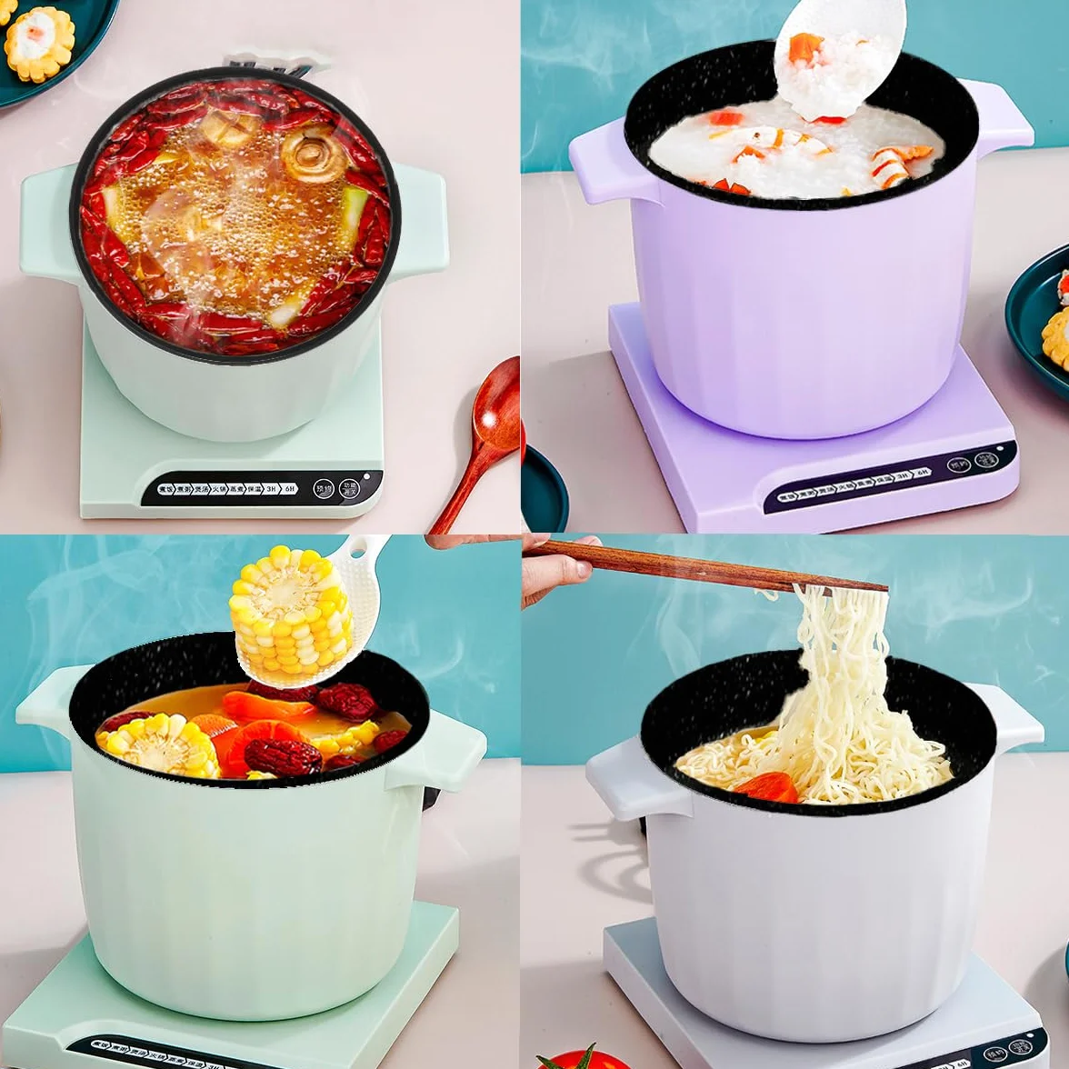 Fondue électrique, poêle antiadhésive de 1,5 l, cuisinière intelligente multifonction avec isolation thermique, mini Ramen pot, poêle électrique multifonction pour la maison/bureau/dortoir, blanc
