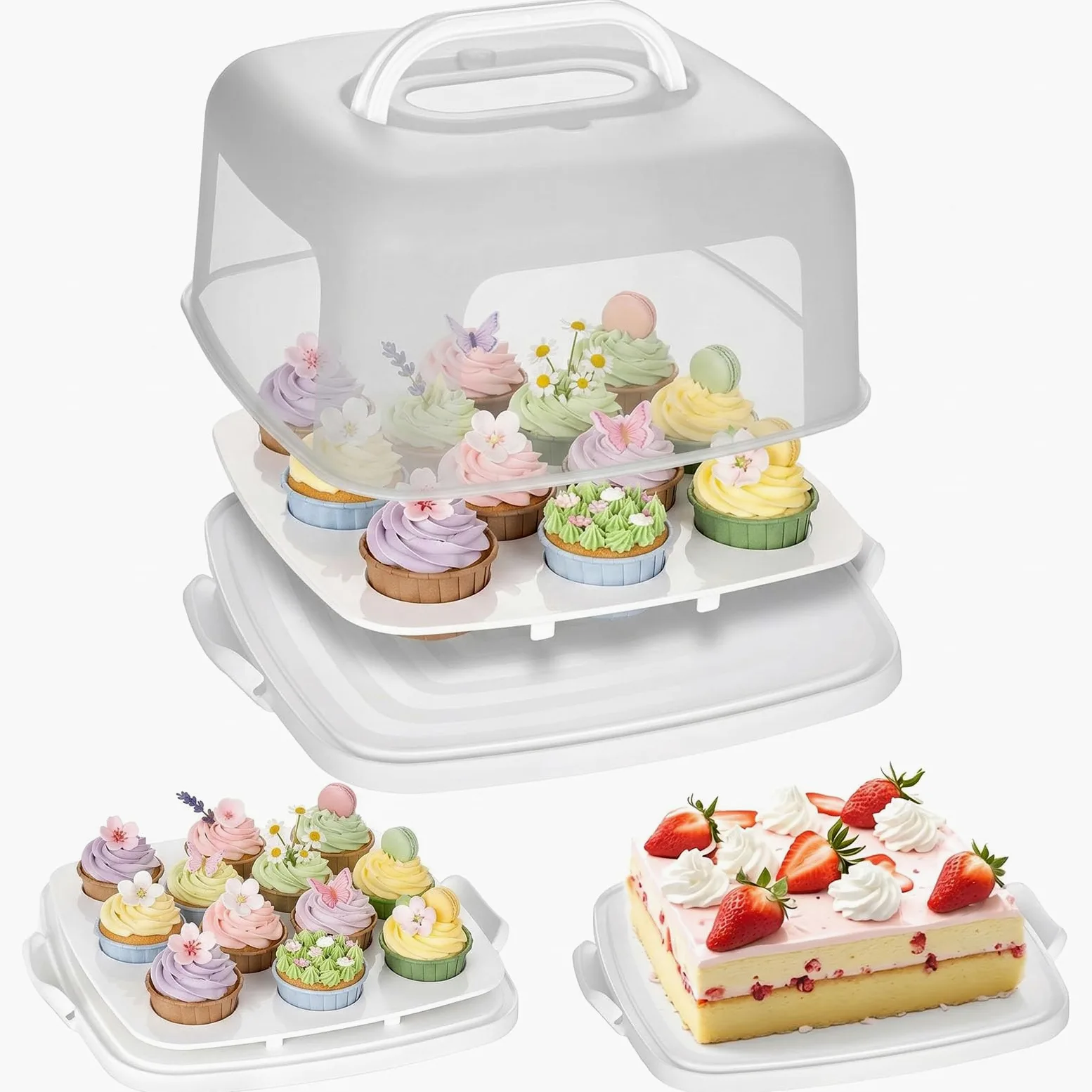 VGOODALL Support à gâteau carré blanc avec couvercle pour 12 cupcakes 2 en 1 portable pour gâteau, tarte, muffin, cordonnier