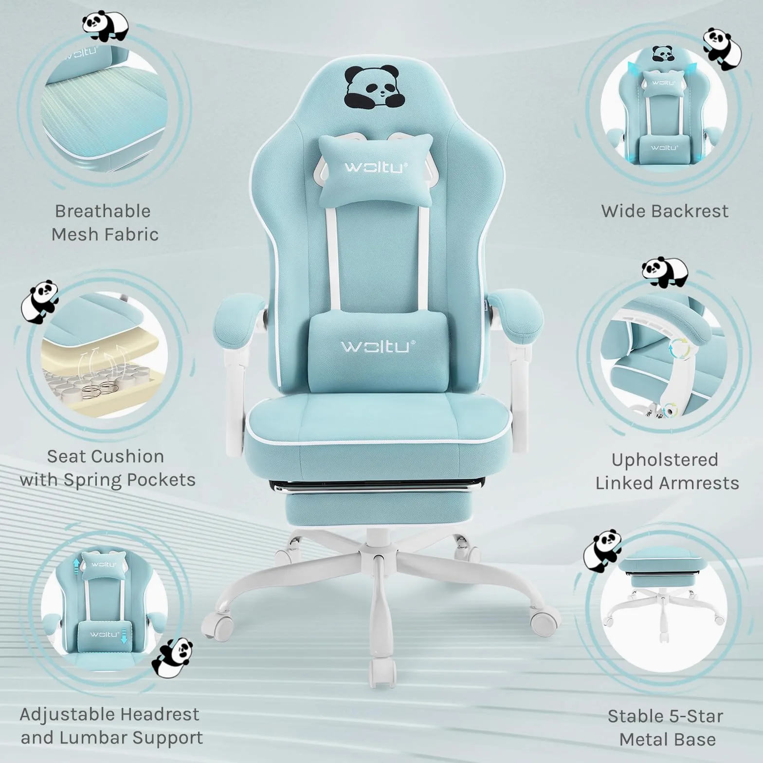 WOLTU Chaise Gaming, Fauteuil Gaming, avec Coussin à Ressorts Ensachés, Chaise Ergonomique, Charge 150kg, Appui-tête, Support Lombaire, Repose-Pieds, Tissu Maille, Bleu Clair