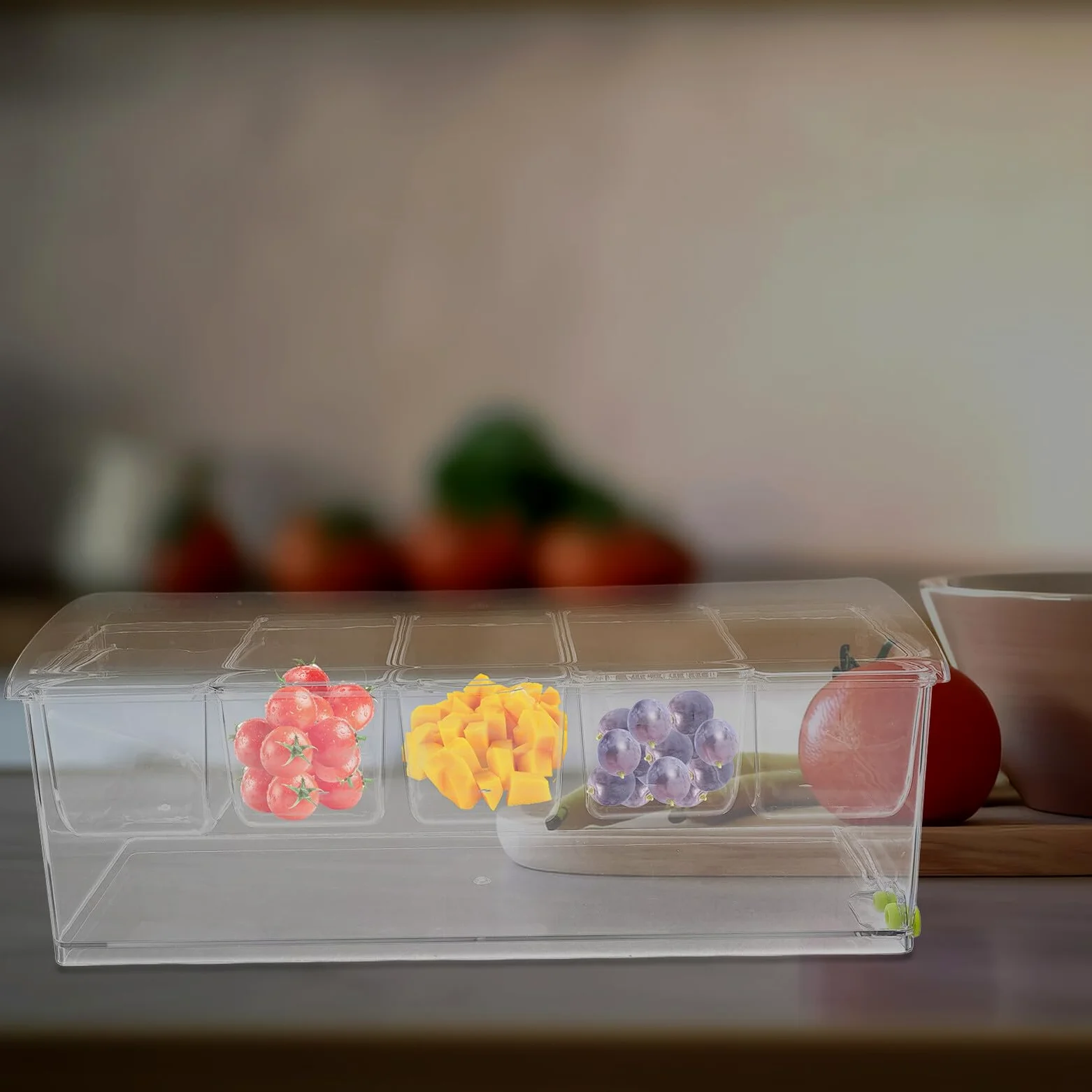 Plateau à Condiments Réfrigéré en Plastique Transparent 5 Compartiments avec Couvercle Plateau à Garnitures pour Bar et Buffet Service de Fruits Légumes et Sauces pour